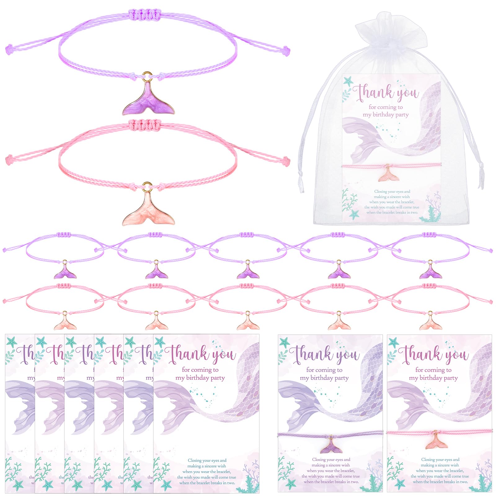 Mermaid Tail Bracelet Party Favors for Guests Adjustable Bracelet with Fishtail Charm and Thank You Card Sweet Quinceanera Gifts for Mermaid Theme Birthday Party Gifts