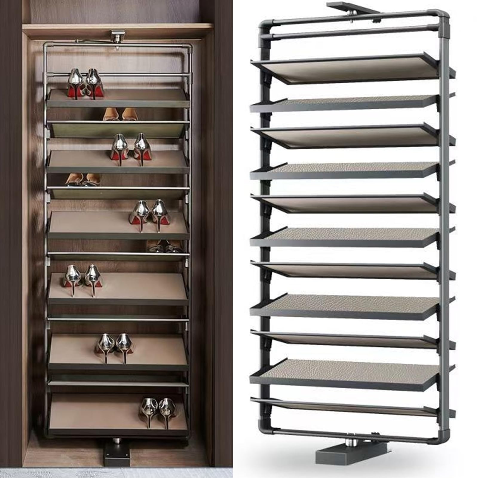 Étagère à chaussures coulissante pivotante 360 en aluminium pour armoire