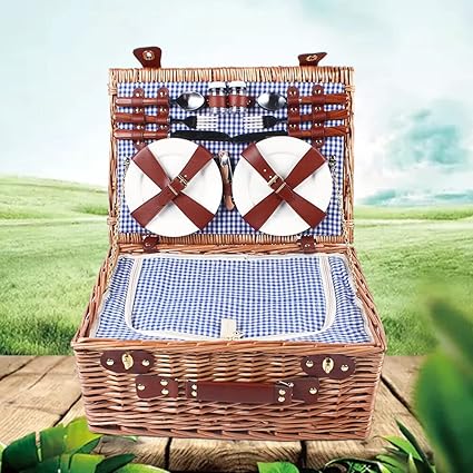 Picnic Basket, Picnic Basket for 4, Ceramic Picnic Basket Set, Large Willow Picnic Hamper, Insulated Cooler Compartment and Cutlery Service Kit, Picnic Accessories for Camping
