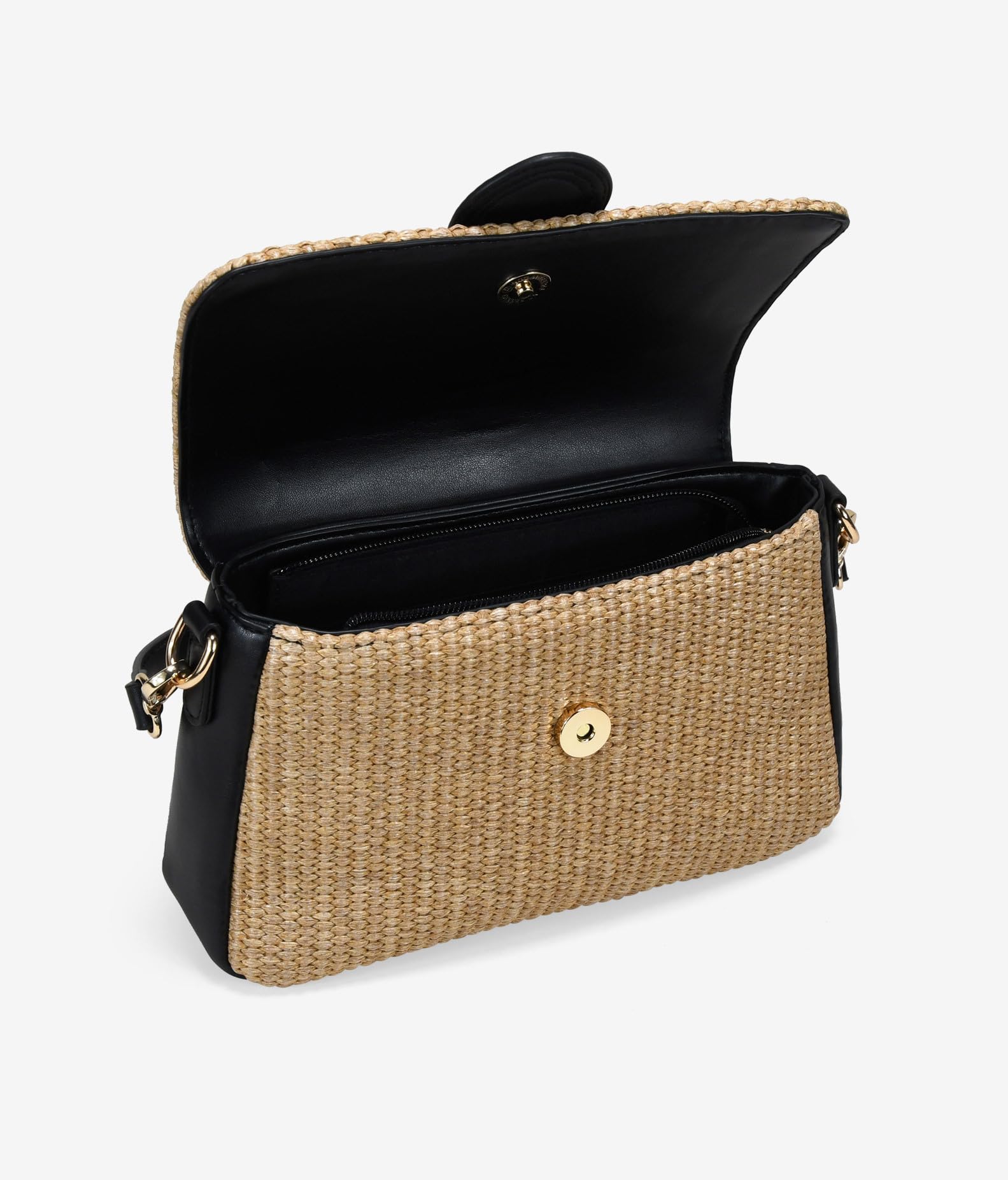 BOSANOVA Bolso de Hombro con Solapa en Rafia con Detalles a Contraste. Asa de Colgar y asa de Cruzar extraíbles. Cierre con imán y Cremallera. Negro U