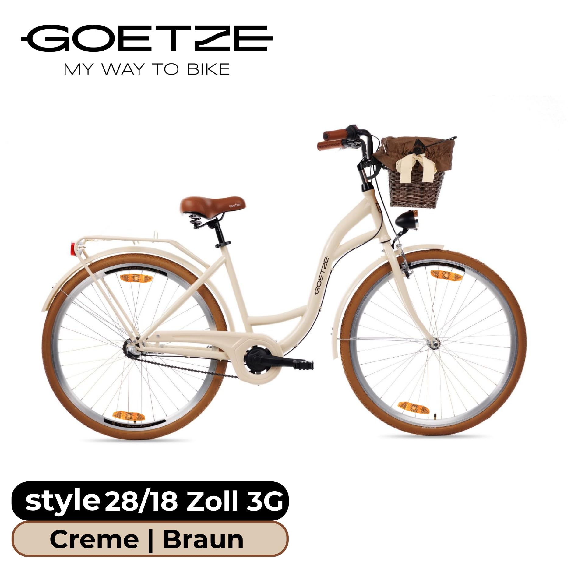 Goetze Style 28 Zoll Damen Citybike, 18 Zoll Tiefeinsteiger, 3-Gang Nabenschaltung, Rücktrittbremse und V-Bremse, LED-Beleuchtung, Rattankorb, Komfortsattel, mit Seitenständer & Klingel