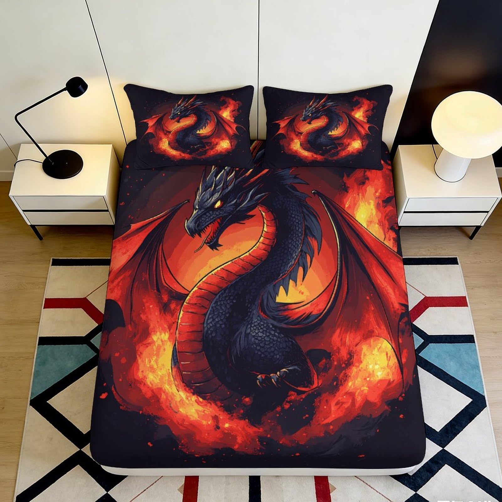 3D Printed Fiery Dragon Fitted Sheet Microfiber Non-Slip Deep Pocket Bedding Full Wrap Flame Dragon Mattress Fitted Cover Washable 200x200x25cm