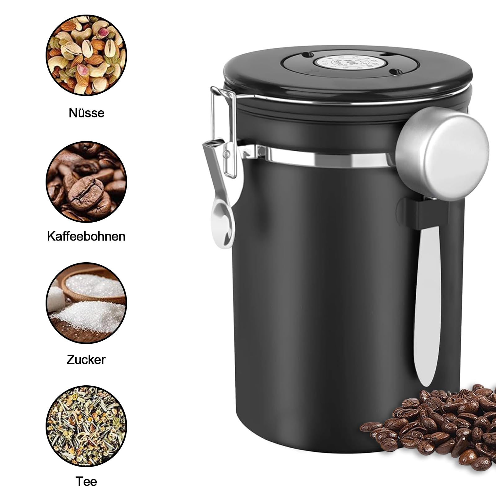 Kaffeedose Luftdicht aus Edelstahl, 1,8L Kaffeedose Luftdicht, Kaffeebohnen Behälter,Kaffee Dose,Mit Messlöffel und Datumsanzeige, für Kaffeebohnen Tee Nüsse Kakao Länger und Frisch,Weiß (Schwarz)