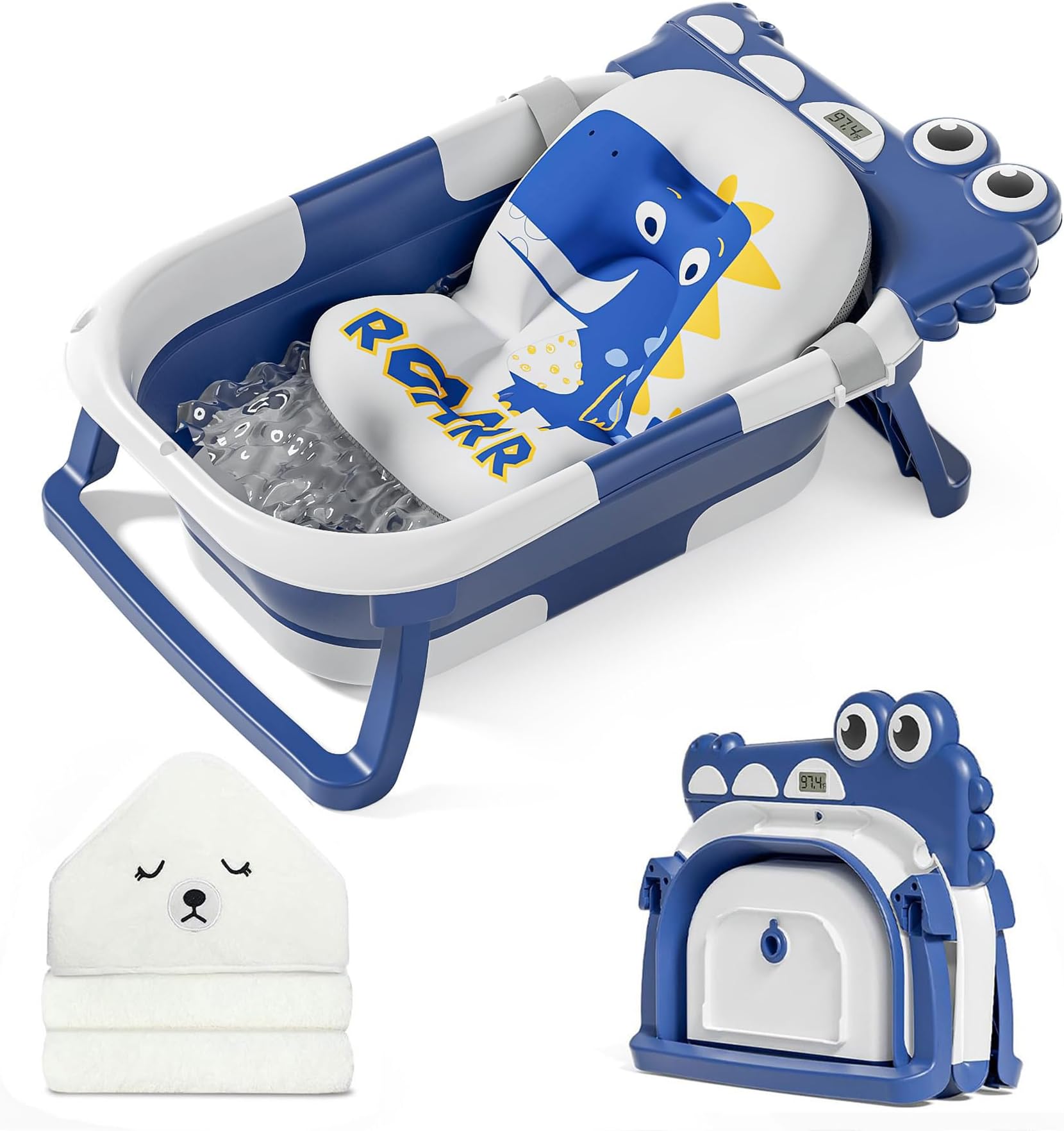 - Collapsible Baby Bathtub for Newborn with Thermometer & 1 Hooded Towel & 1 Soft Floating Cushion,Portable Travel Bathtub with Drain Hole, Durable Foldable Baby Tubs for Infants to Toddler