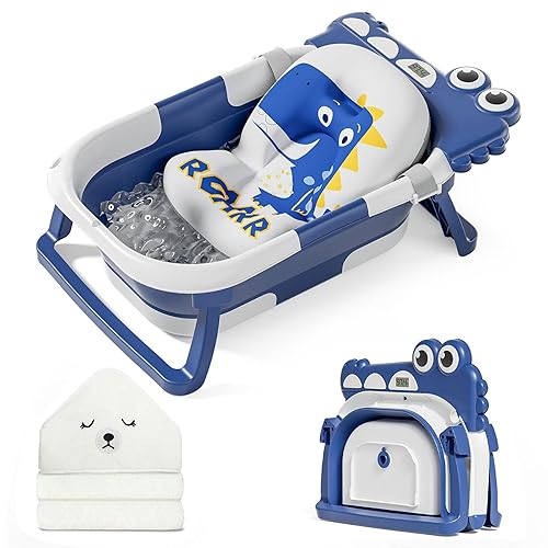 Miniatura 18 de MoreFeel Bañera plegable para bebé recién nacido con termómetro y 1 toalla con capucha y 1 cojín flotante suave, bañera de viaje portátil con