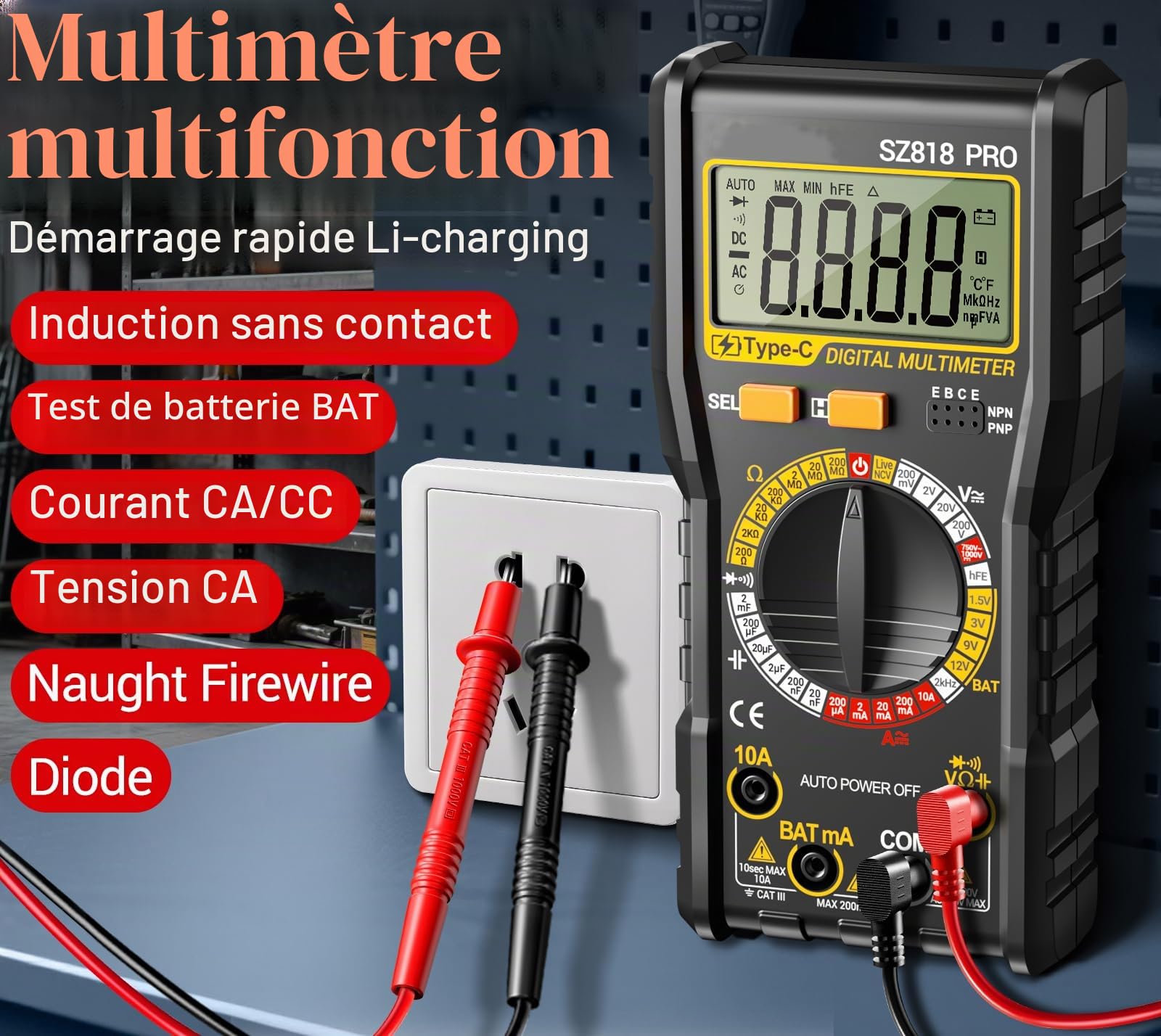 Multimètre numérique rechargeable - Multimètre numérique intelligent - Testeur de tension électrique - Batterie intégrée - Fonction de détection NCV - AC/DC - Résistance - Capacité - Fil neutre