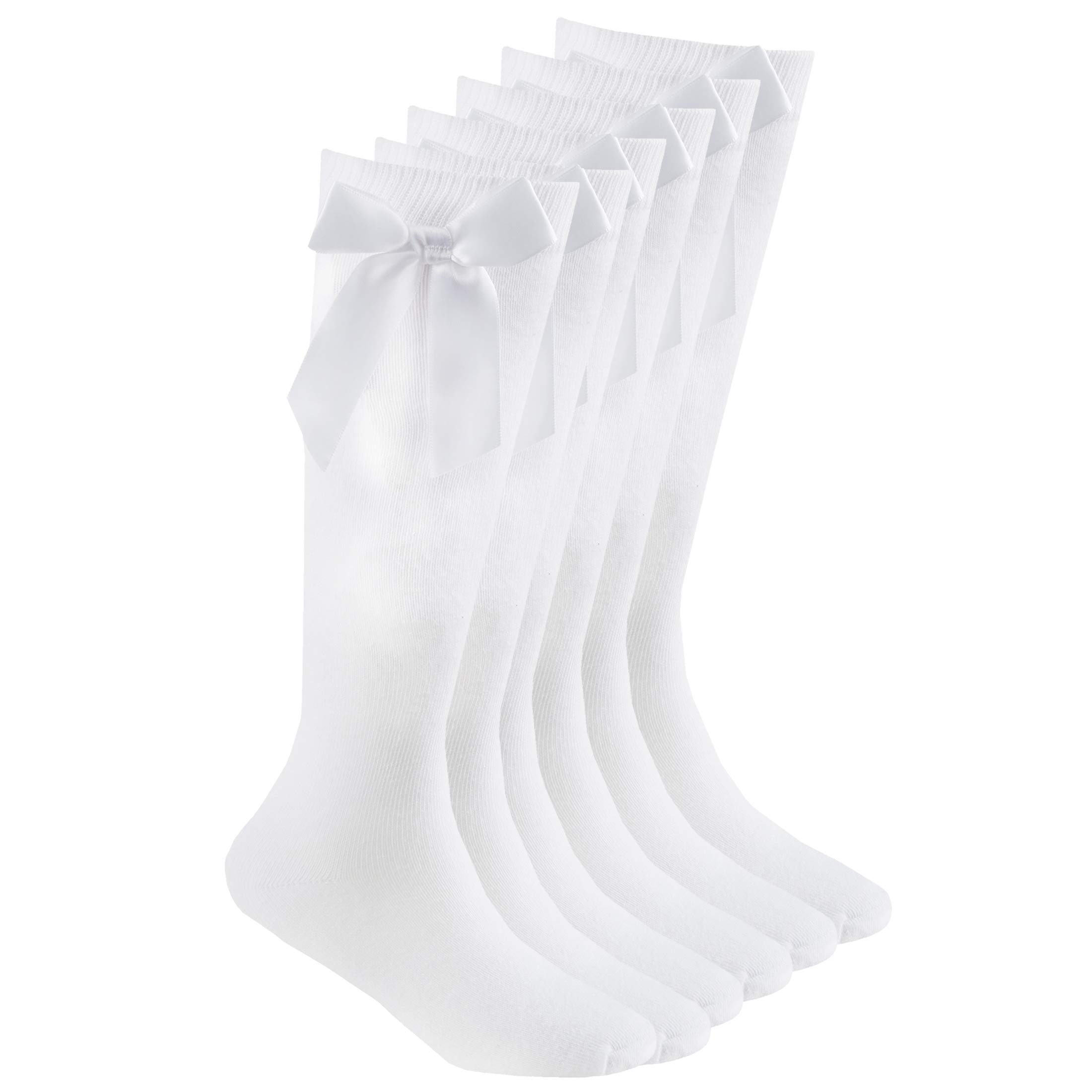 Metzuyan Girls 3 Pairs - White Kids 3 Pairs High Knee Plain Socks With Bow Back To School 3 Pack White Size 12.5-3.5