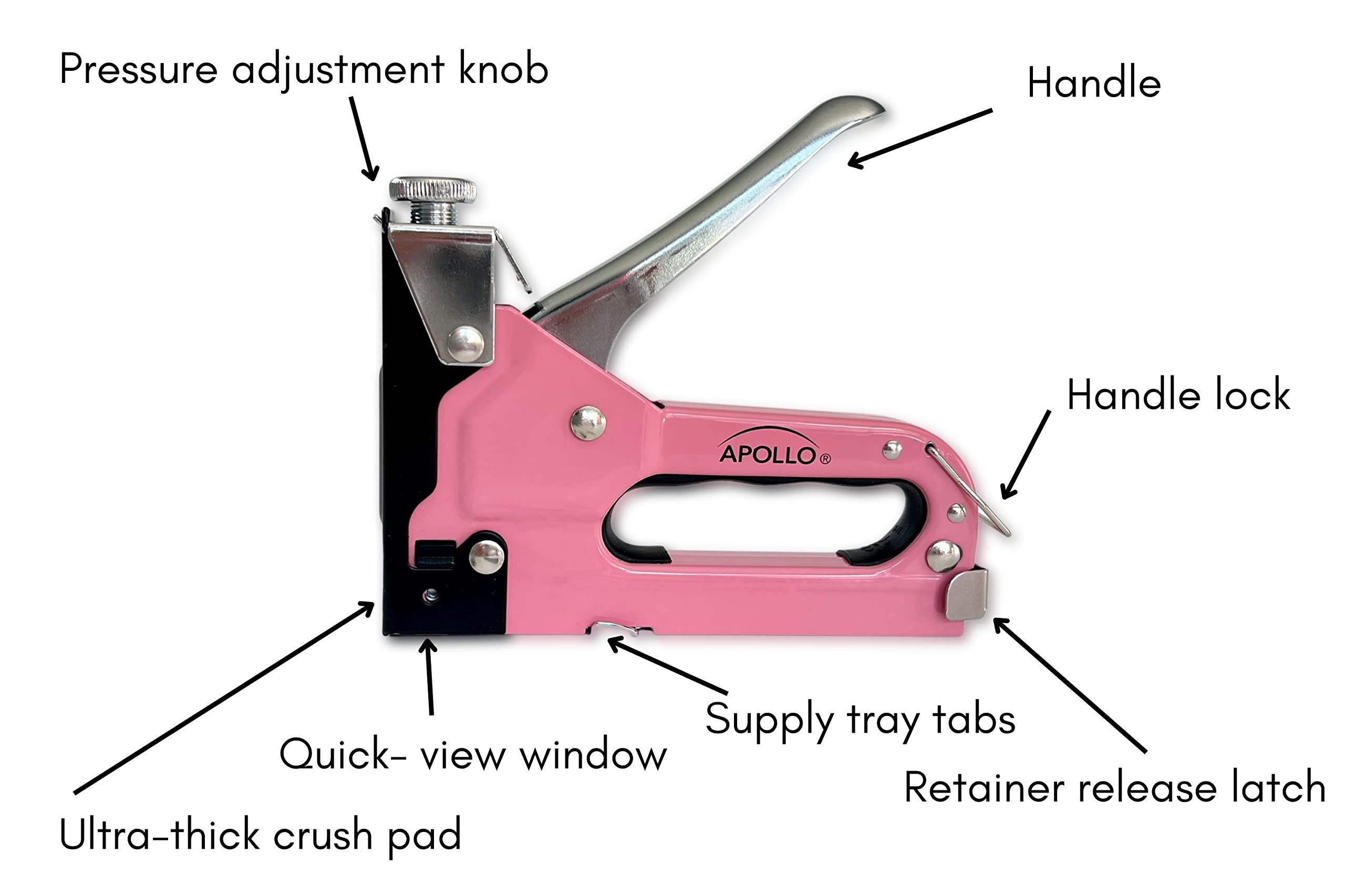 Apollo Tools DT5020P Hochleistungs-Heftgerät aus Metall mit Power-Einstellknopf. 7,6 cm 1 Verwendung für robuste Heftklammern, U-Staples und Heftnägel Wird mit 3000 Heftklammern geliefert, rosa