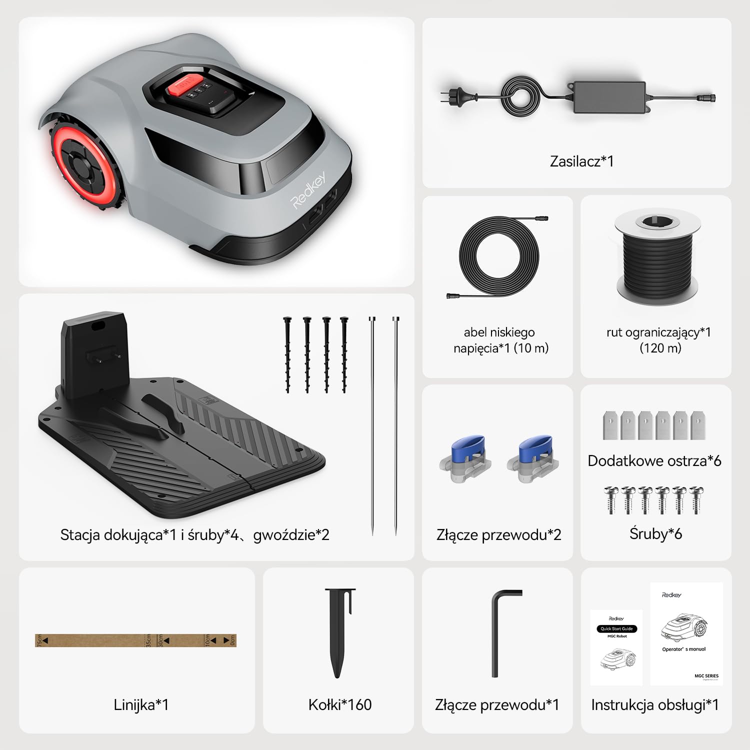 Redkey MGC500 robot kosiarka samochodowa, wykrywanie pęknięć kabla, maksymalny kąt wznoszenia 24°, automatyczna taca z ostrzami podnoszącymi, sterowanie za pomocą aplikacji, do przestrzeni podwórka do