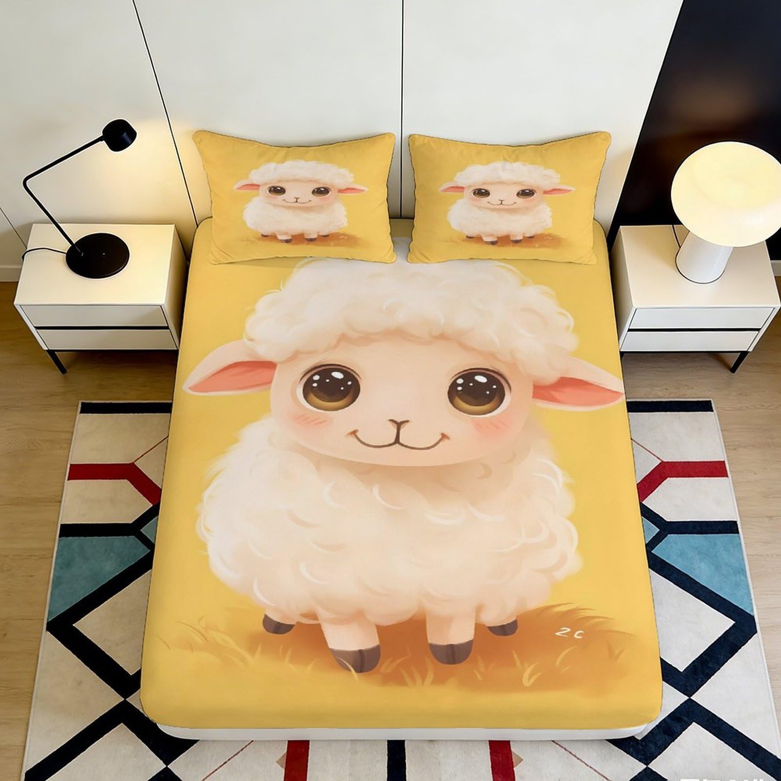 3D Printed Cute Sheep Fitted Sheet Microfiber Yellow Cartoon Animal Bed Cover for Bedroom Guest Room Mattress Decor 90x200x25cm
