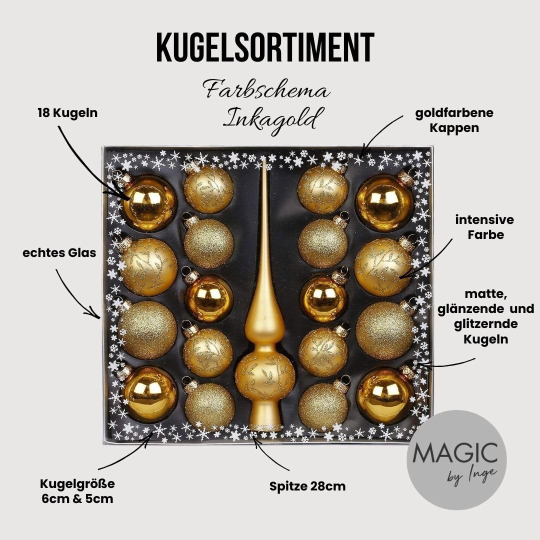 MAGIC Kugelsortiment Glas Dekor 19 TLG. mit Spitze Christbaumkugeln Christbaumschmuck Tannenbaum Deko Weihnachten Weihnachtskugeln Farbe: Gold