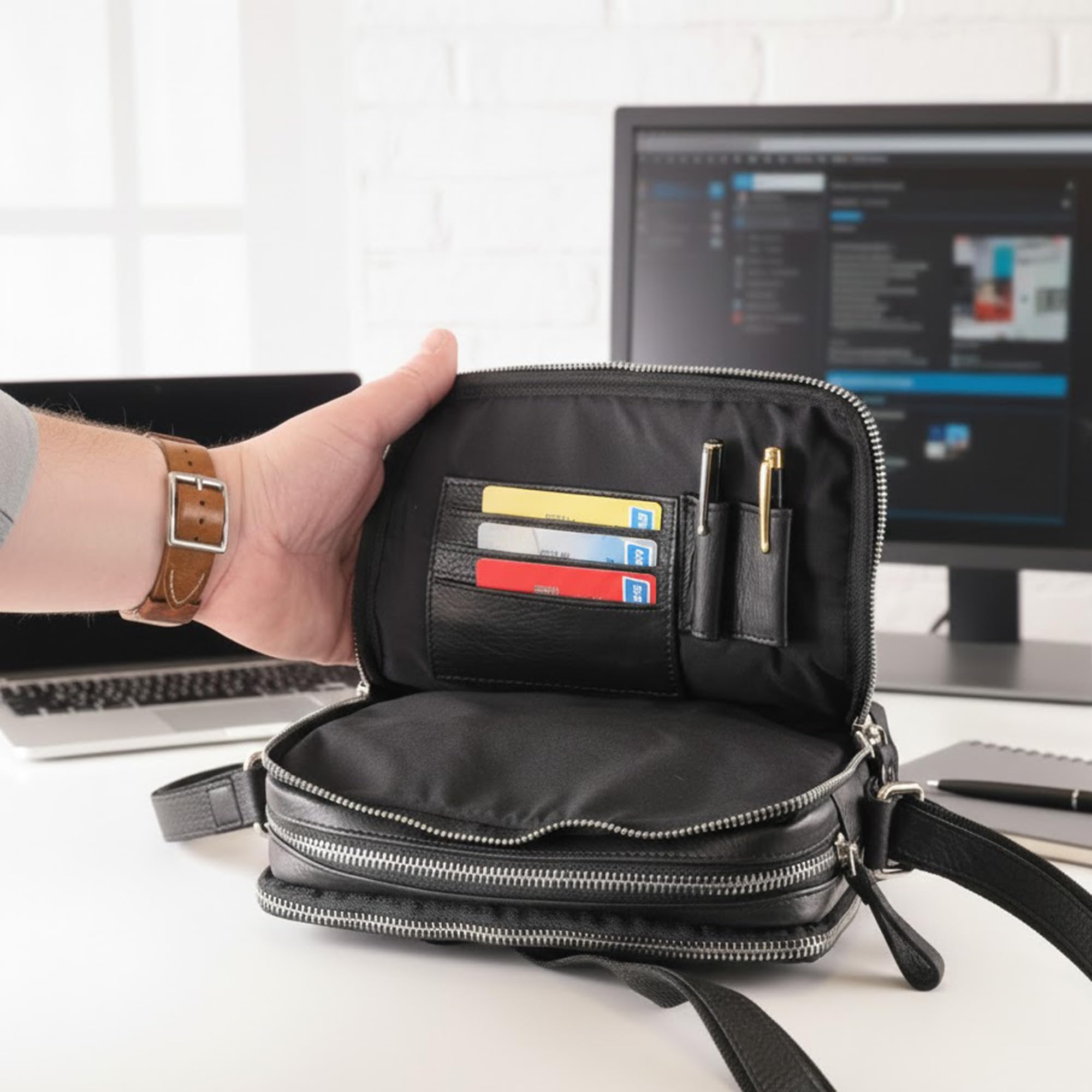 Fa.Volmer ® Echtleder Umhängetasche Herren – kleine Schultertasche, Messenger Bag für Tablet 9 Zoll, Business Tasche für Büro, Uni & Freizeit | Laredo (schwarz)