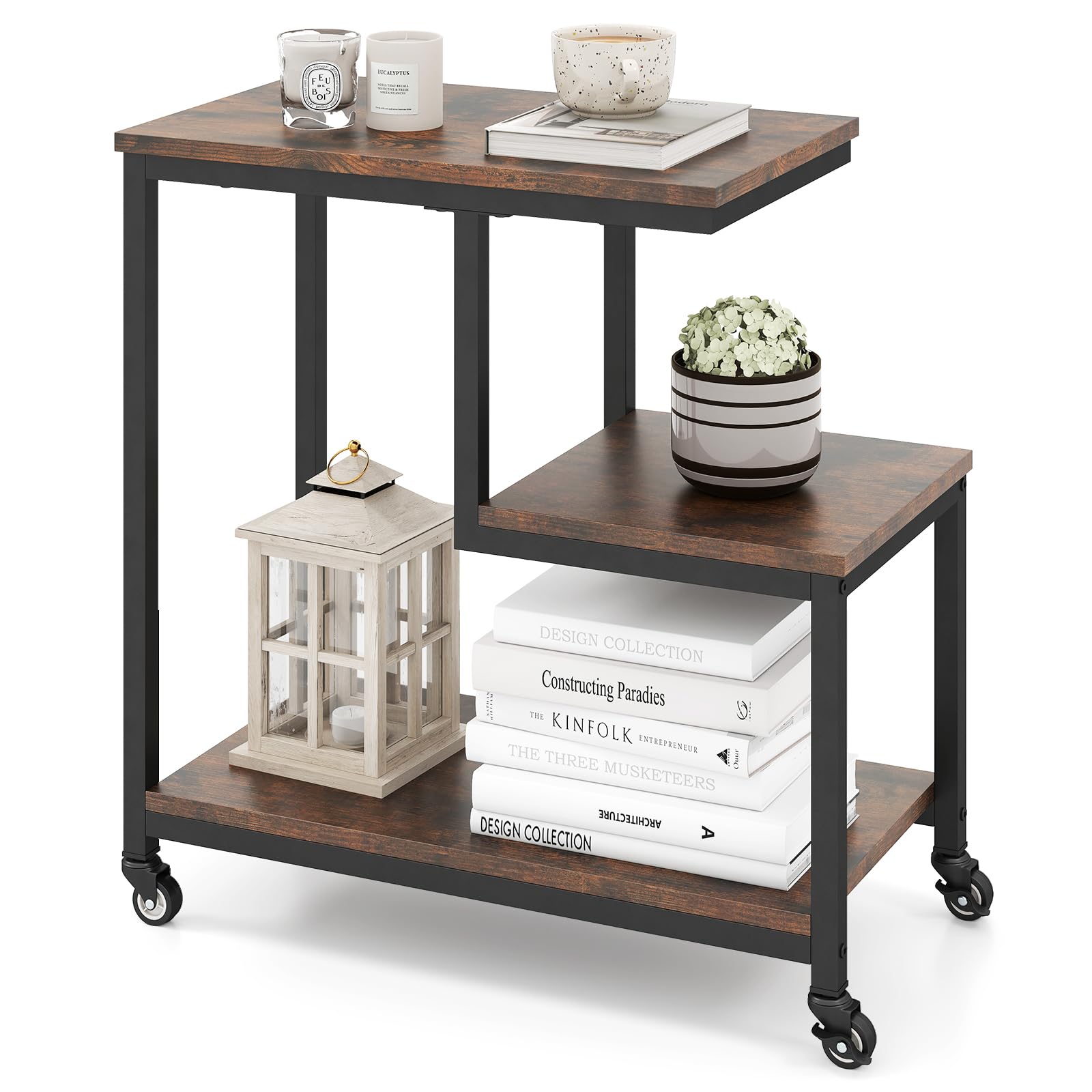 COSTWAY G-Shaped Side Table, 3-Tier Rolling Bedside Snack Sofa End Table with Lockable Wheels, Modern Metal Frame Laptop Holder Display Storage Rack for Living Room Bedroom (Rustic Brown + Black)