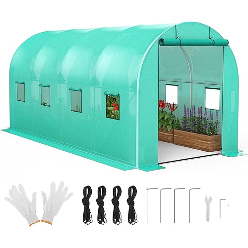 7x15x7FT Walk-in Plant Greenhouse - Greenhouses for Outdoors Heavy Duty (Waterproof/Sun-Protective/Insulated), Complete Kit with Gloves, Tools & Fixing Accessories （2 Doors 8 Windows）