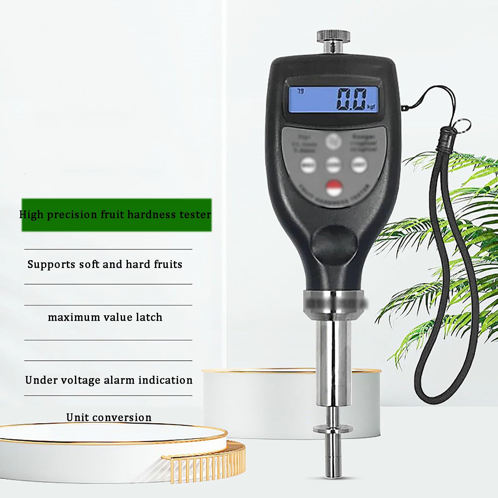 Probador de dureza de frutas, probador de maduración de alta precisión, rango de medición de 0,5 a 15,0 kg/cm², diámetro de sonda de 3,5 mm, profundidad de inserción de 10 mm, ideal para peras