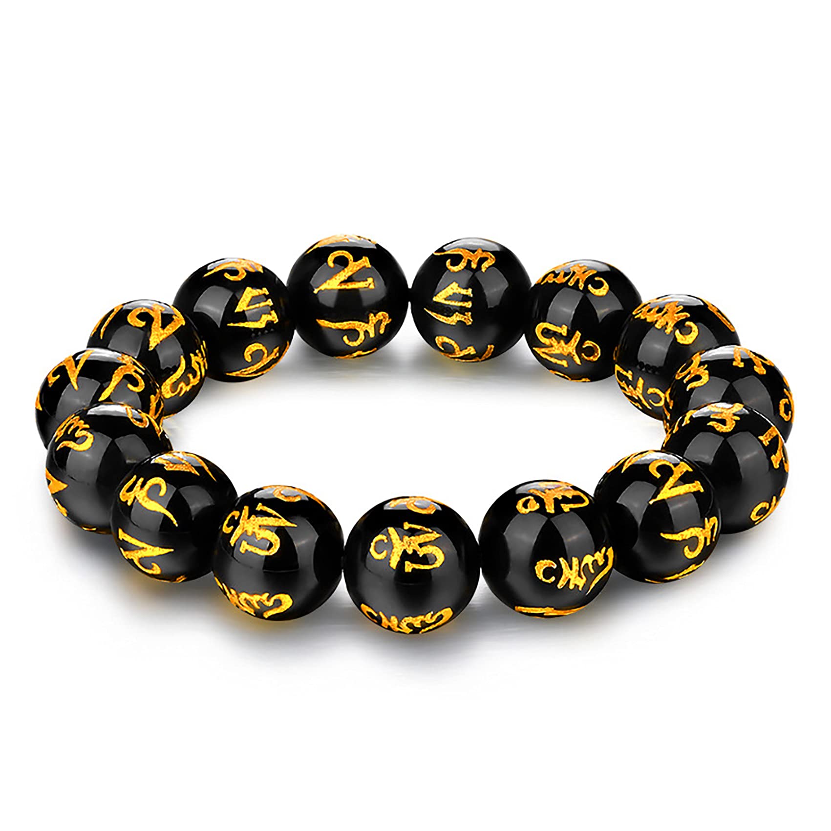 Nzpost 14Mm Black Obsidian Bracelet,Six Words Black Vintage Bracelet Agate Black Obsidian Buddha Beaded Crysta