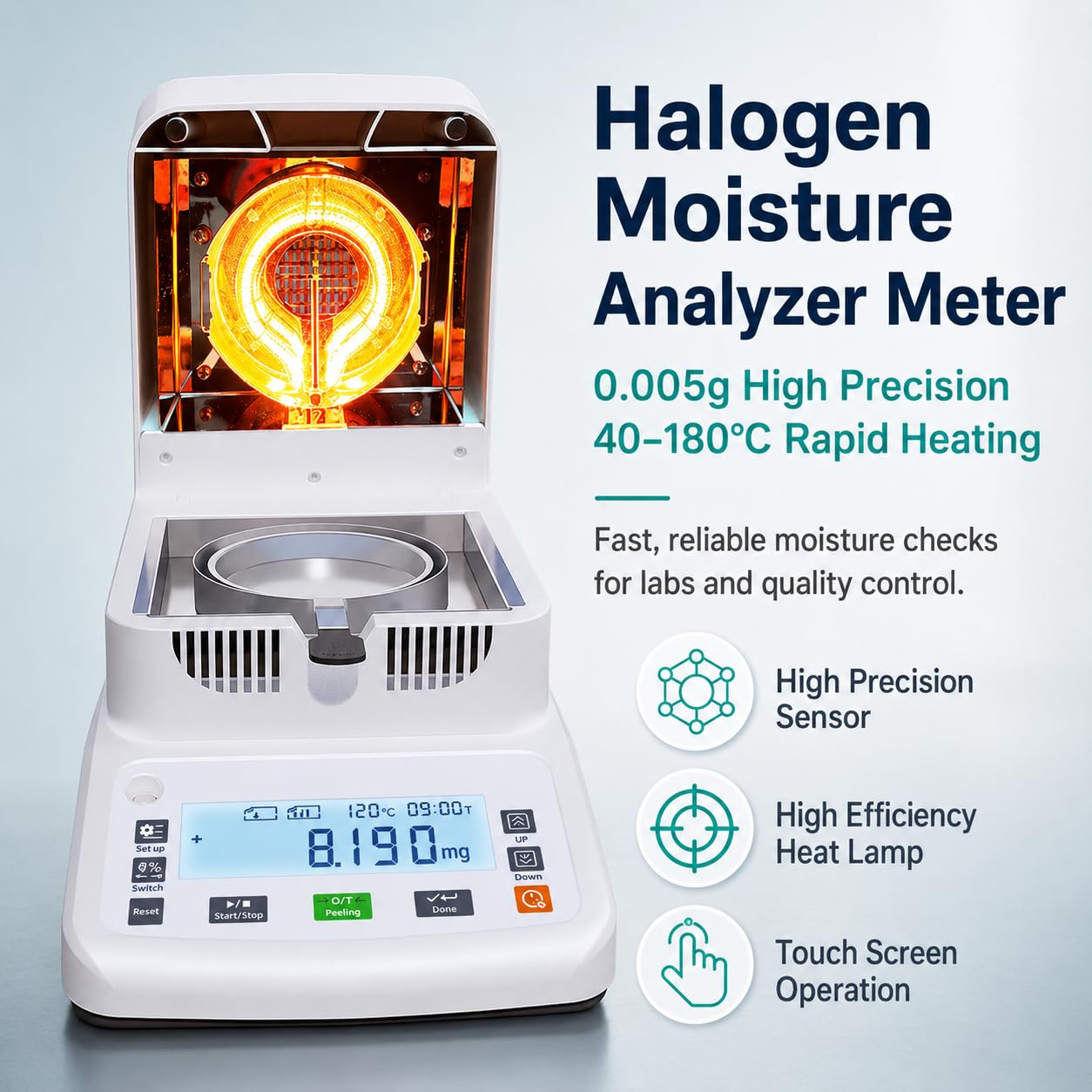 Medidor analizador de humedad halógeno - 0,005 g de alta precisión | Capacidad de 120 g | Calentamiento y secado rápidos a 40 ℃ -180 ℃, con pantalla táctil(0.002G)