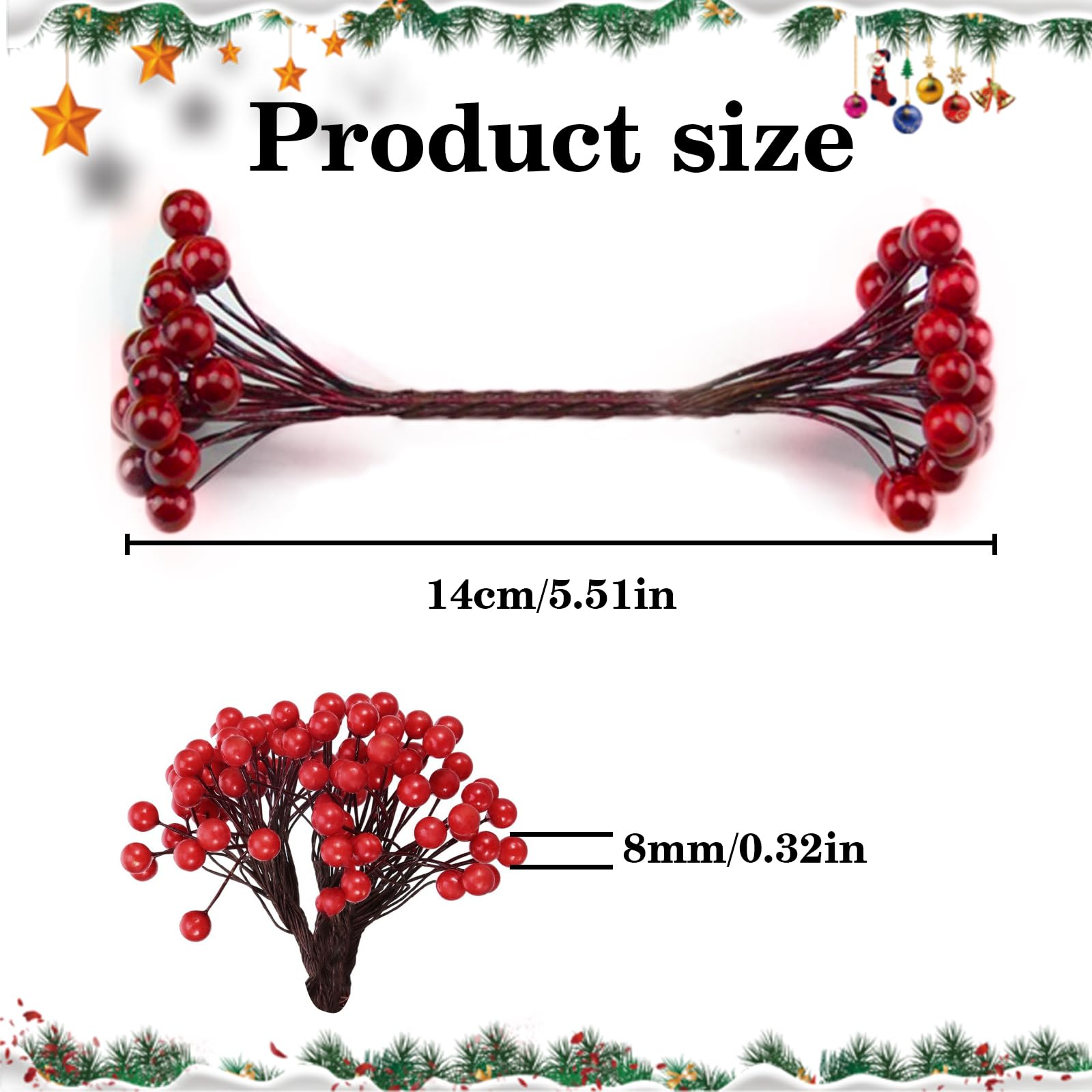 DUOJINSANXI 250 Pcs Red Berry Stems, Artificial 8 mm Holly Red Berries on Wire Stems, Holly Berries for Crafts Christmas Tree Decorations
