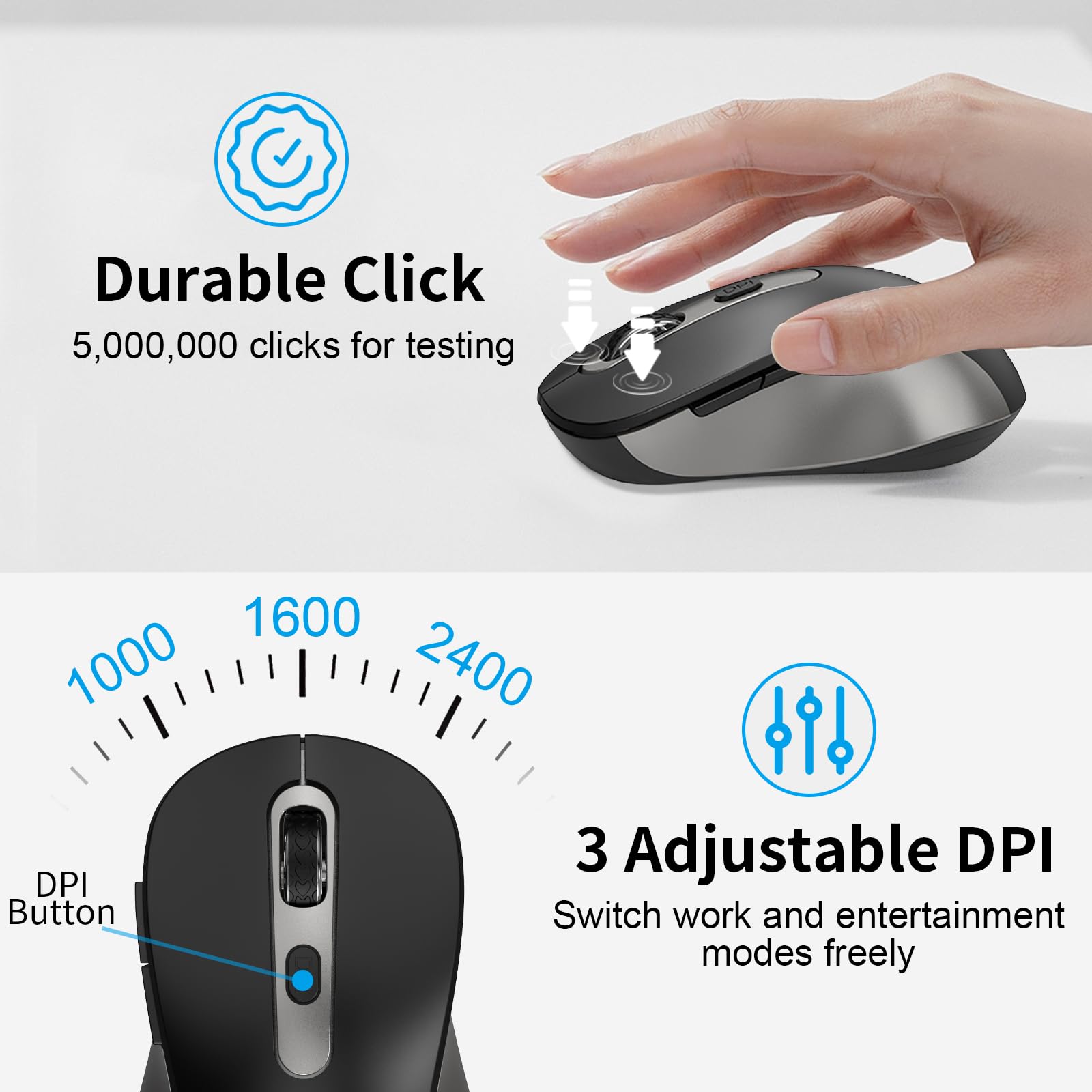 Mouse inalámbrico para laptop, PC, Chromebook, Mac, MacBook, mouse inalámbrico silencioso con receptor USB nano, botón lateral, 2400 DPI, rodillo antideslizante, mouse ergonómico de 6 botones, color 5