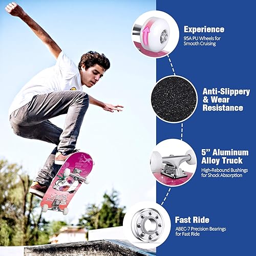 Miniatura 5 de BELEEV Skateboards for Beginners, 31 x 8 inch Complete Skateboard for Kids Teens Adults, 7 Layer Canadian Maple Double Kick Deck Concave Cruiser