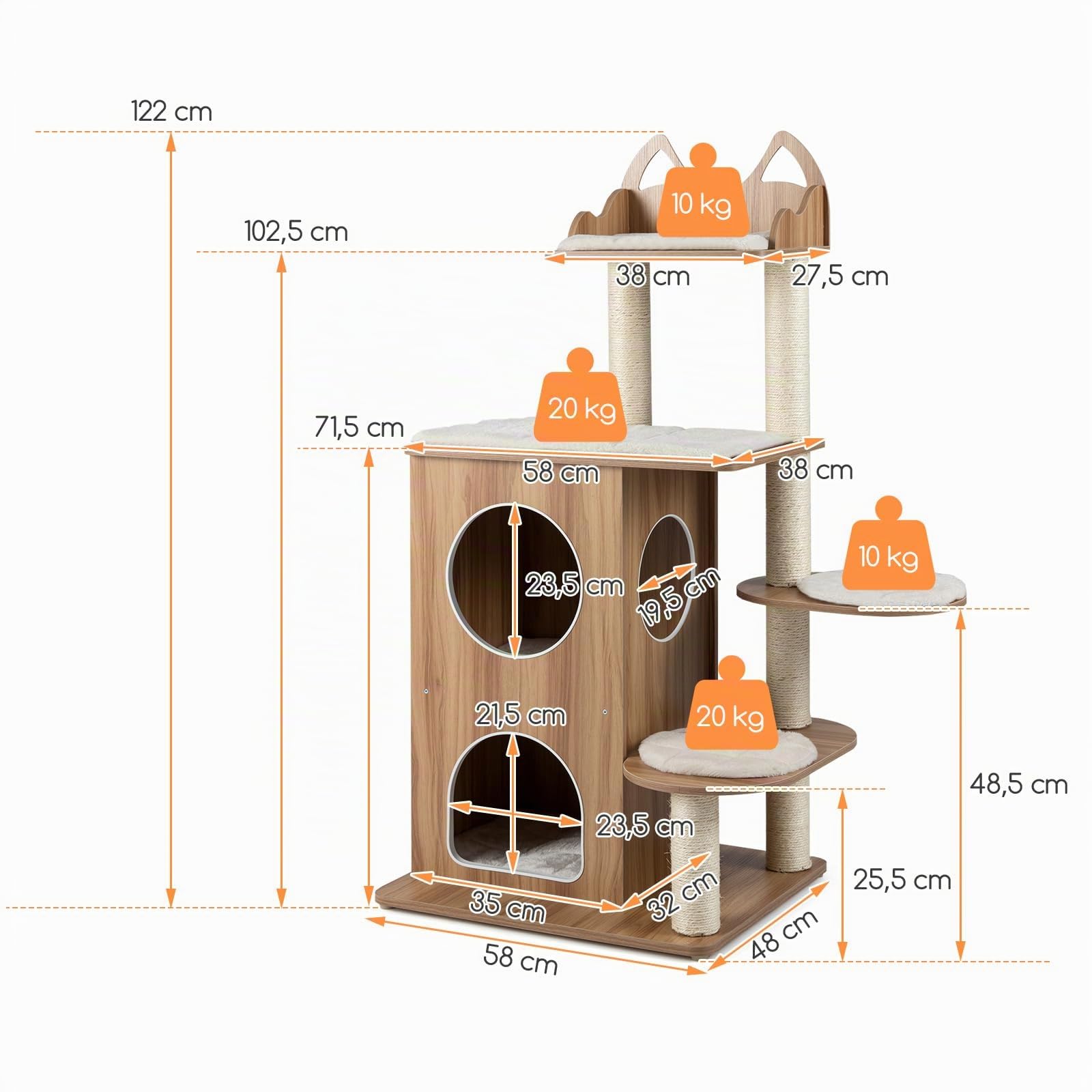 GOPLUS Árbol Rascador para Gatos con 2 Camas, una Plataforma Rectangular, 2 Plataformas Redondas y un Posadero con Barandillas, Rascador de Interior con Postes de Sisal y Alfombrillas Extraíbles