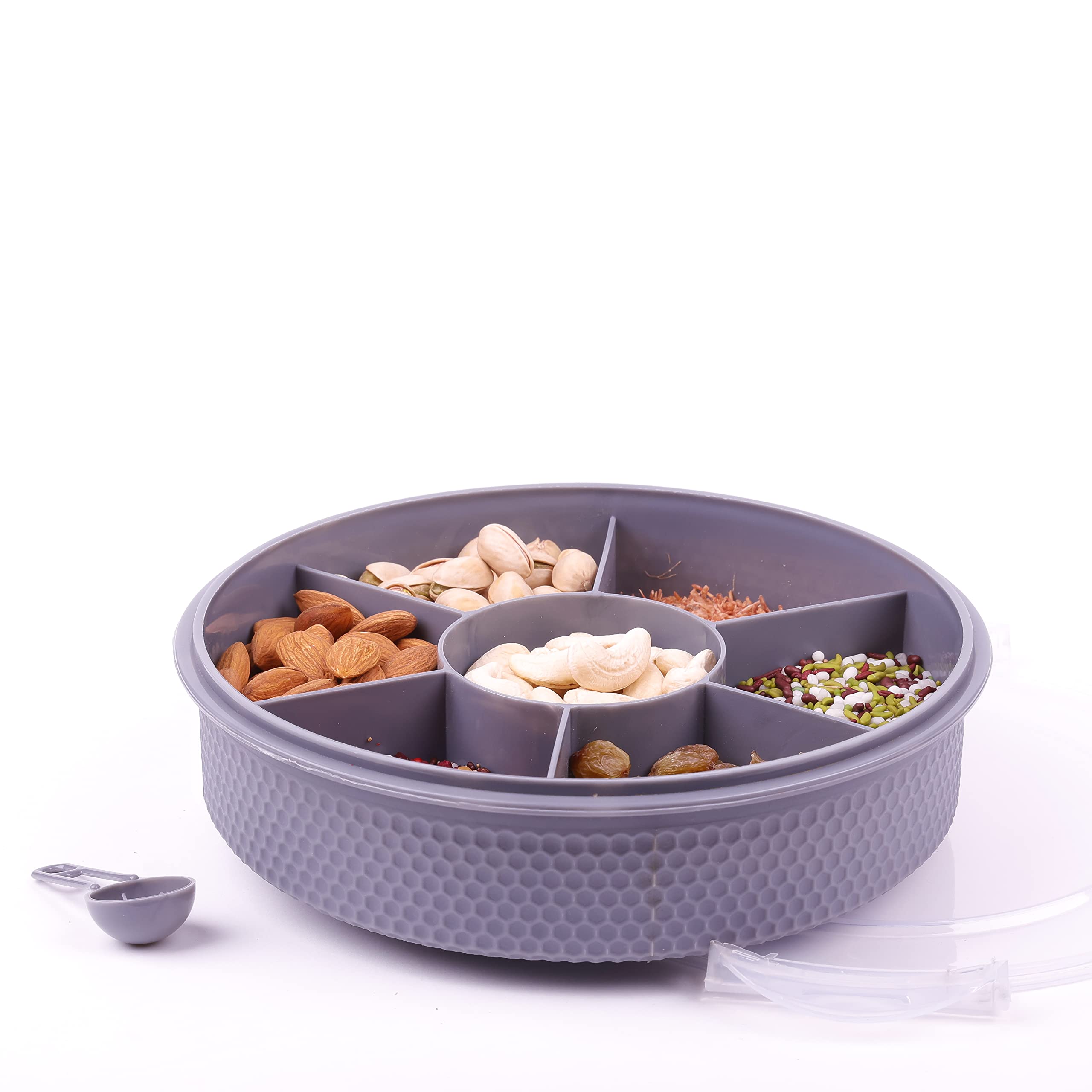 Zipsome Multipurpose Plastic 7 Section Round Masala Box For Kitchen |Multisection Plastic Masala Box Organiser, Dry Fruit Box, Chocolate Box, Multi Color, Air Tight, Leak Proof, BPA Free (Grey)