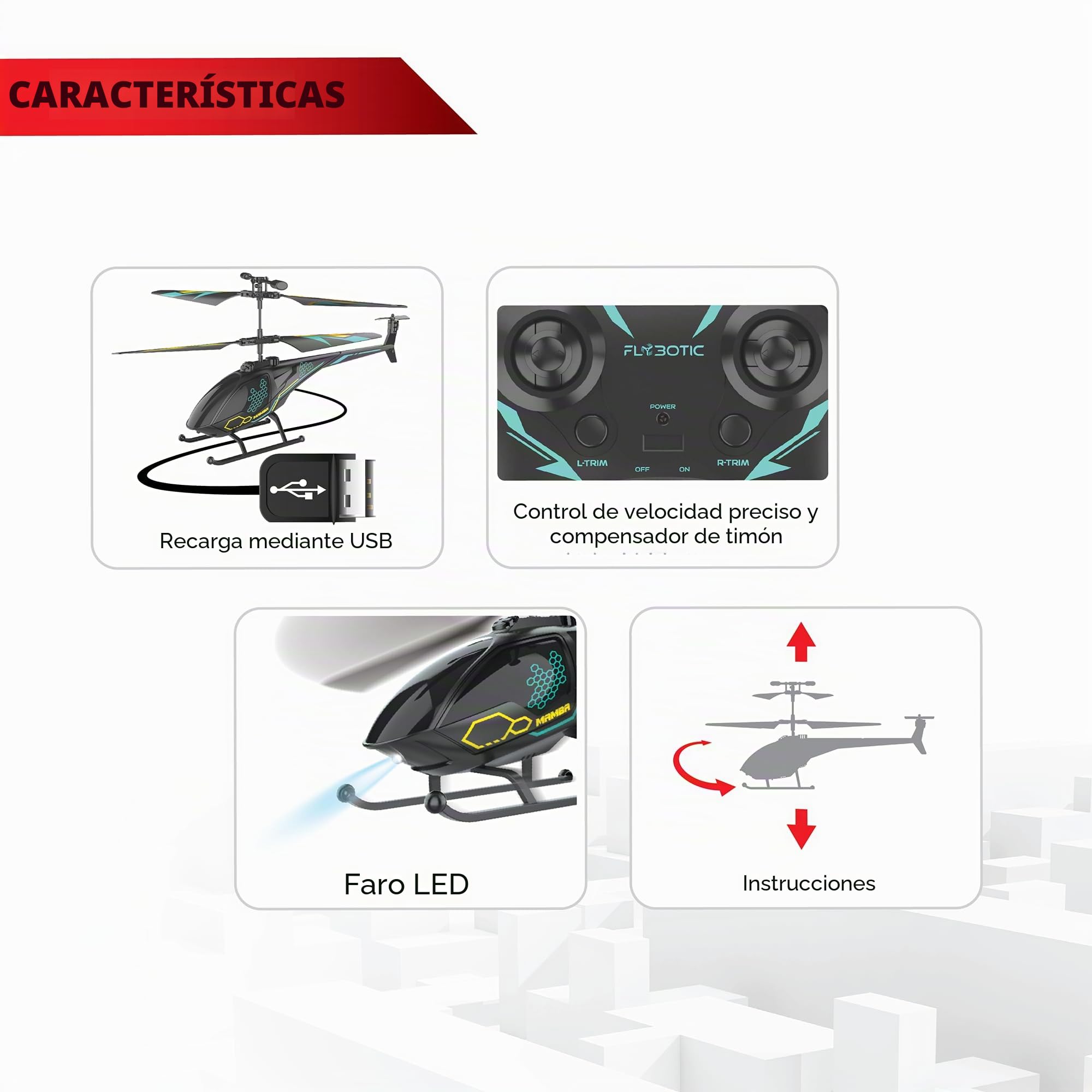 FLYBOTIC - Hélico Air Mamba - Helicóptero Control Remoto de 18 cm con Efectos de Luz para niños y adultos - 2 Canales de Control - Infrarrojos - Batería Recargable - Uso Interior - A partir de 10 años
