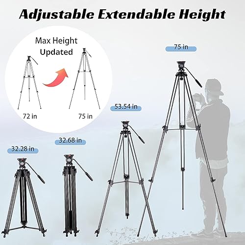 Miniatura 6 de Trípode resistente de 75 pulgadas para cámara, trípode de video profesional con cabezal fluido, trípode ligero para cámara de 17.6 libras, tubo