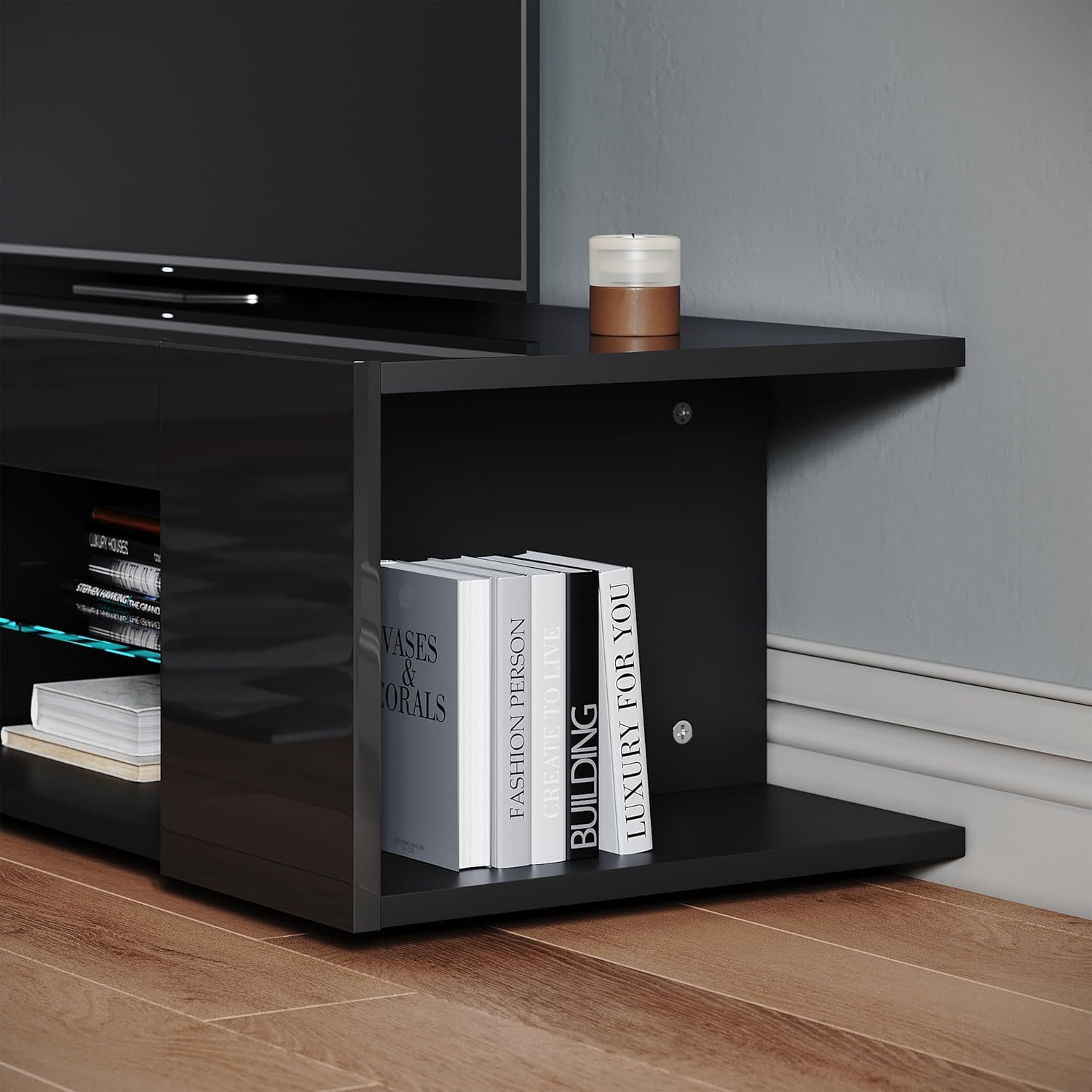 Sonni Meuble TV bas avec éclairage LED (12 couleurs peuvent être réglées) Meuble TV en verre noir 135 x 39 x 30 cm