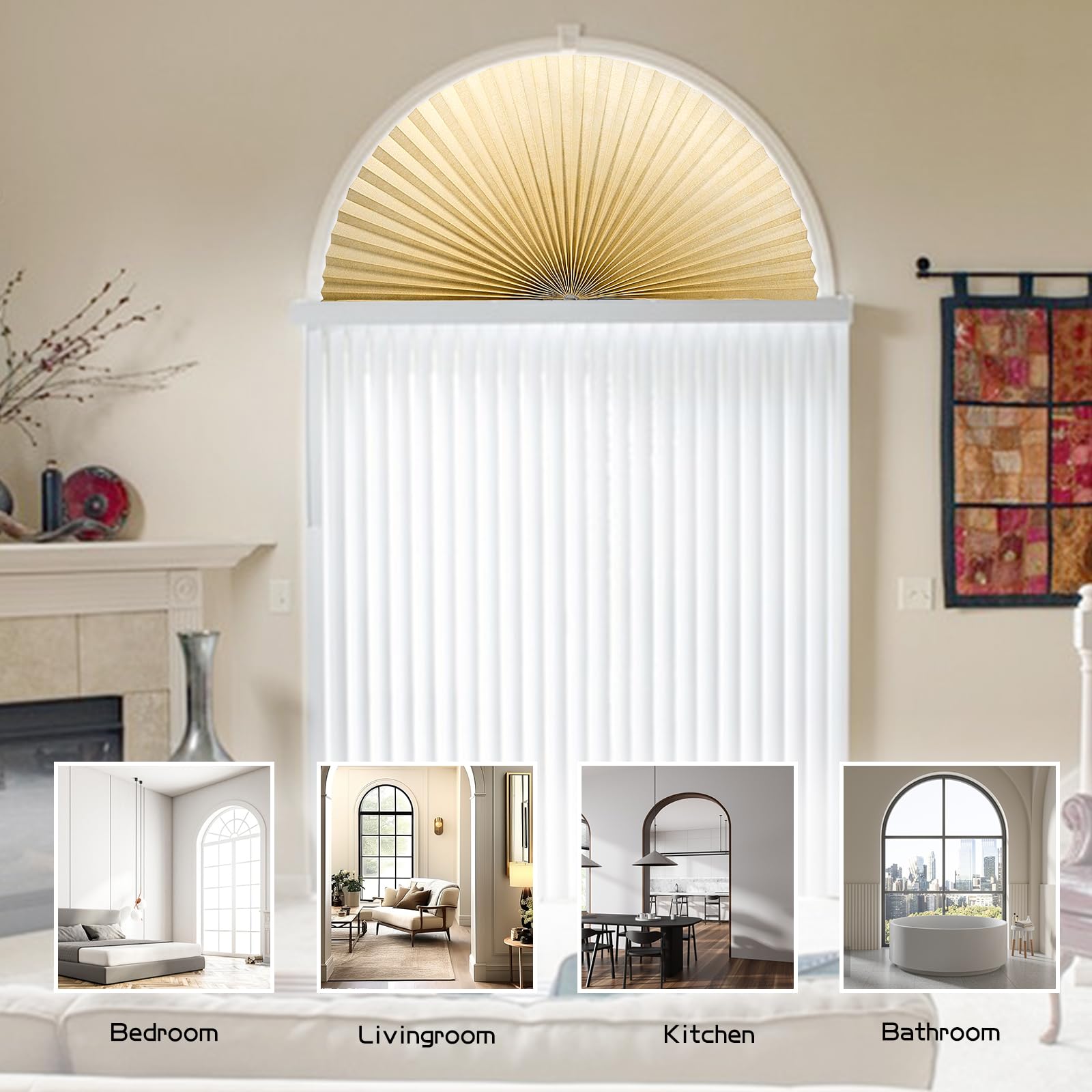 Jlong Arch Window Shade Half Circle Window Shade Paper Blinds for Windows Cordless Semicircular Blind No Drill Blinds for Windows Half-Round Shade Easy to Cut and Install for Home Living Room Bedroom