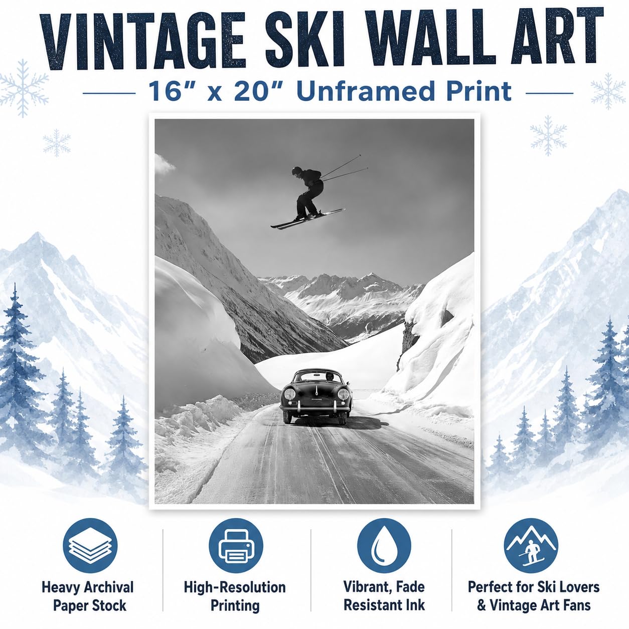 Amazon.com: Jumping Over Porsche Vintage Ski Photography Black and