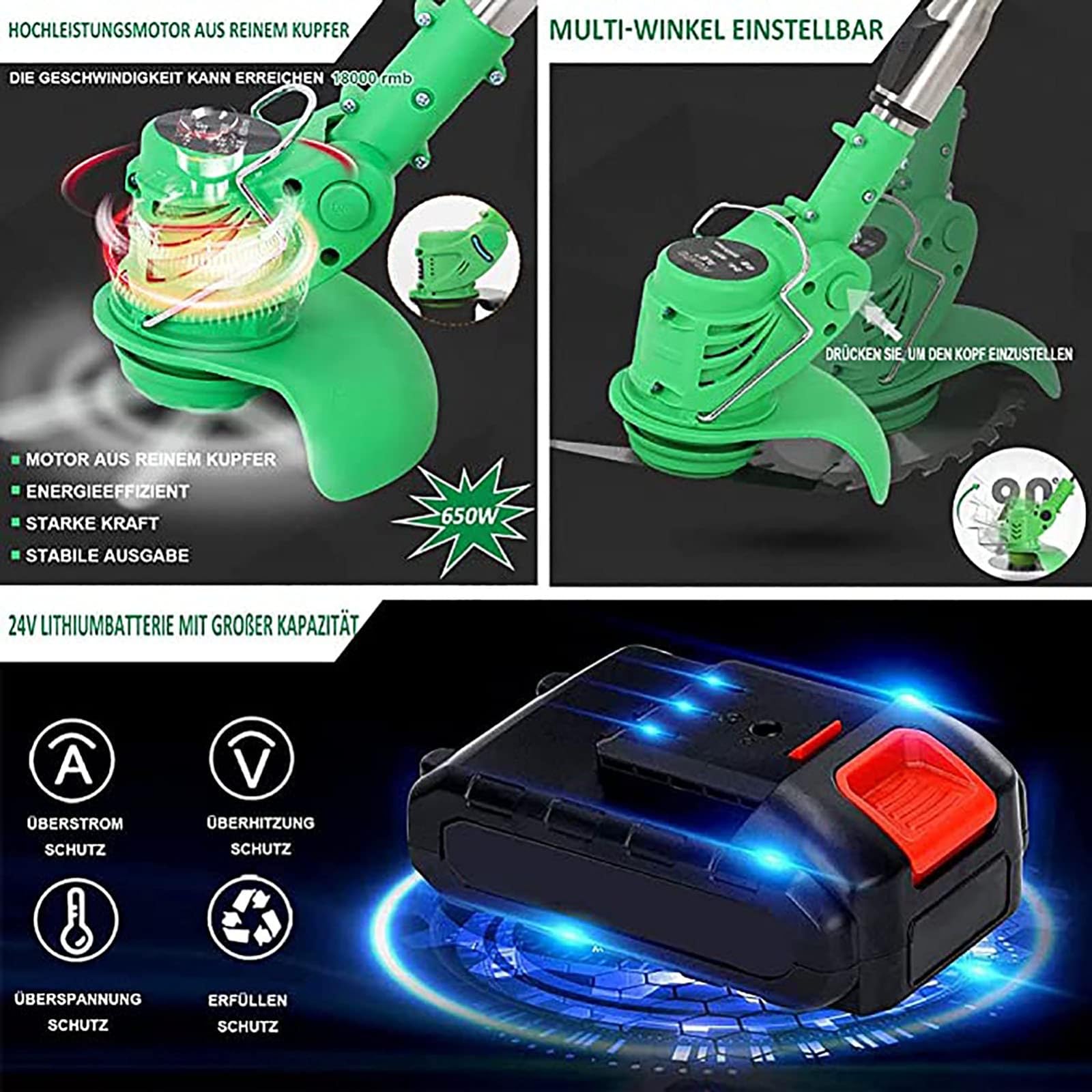 Tosaerba a Batteria con caricabatteria - 8 Lame, Asta telescopica, Rotazione a 90°, Cura del Prato Domestico