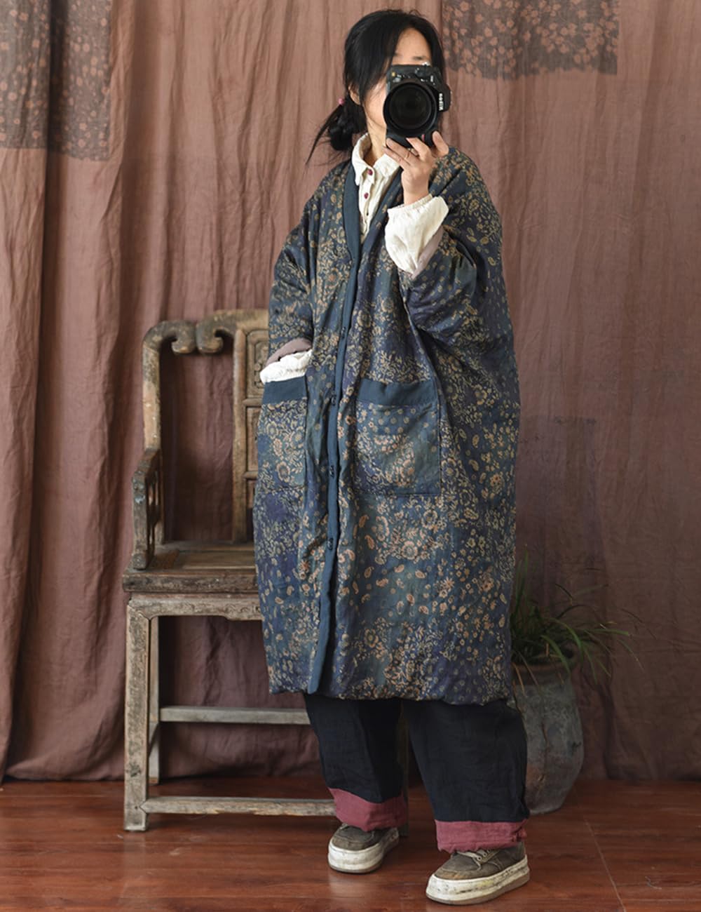 NFYM Giacche lunghe da donna Capispalla invernale al ginocchio stampato vintage patchwork allentato trapuntato giacche leggere