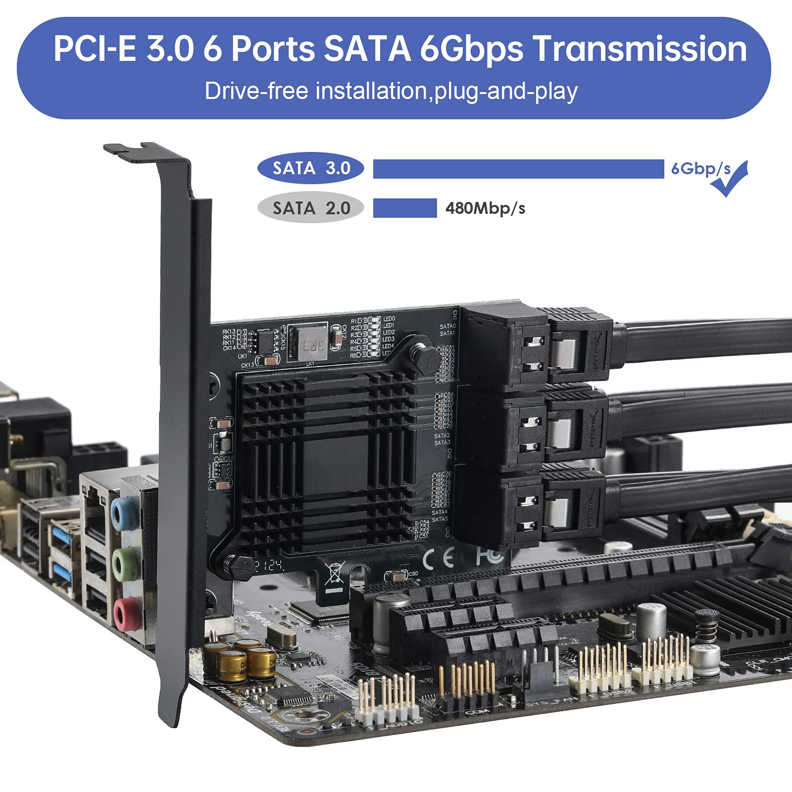 PCIE Schnittstelle-4X SATA Karte 6 Ports, mit 6 SATA Kabel und Low Profile Halterung, PCIE zu SATA 3.0 6 Gbps Controller, ASM1166 Chip