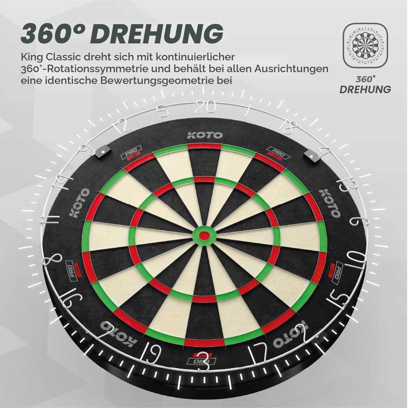 KOTO - Dartscheibe, Rotierender Zahlenring, Offizielle Turniermaße mit Hochwertiges Sisal und Ultradünner Draht