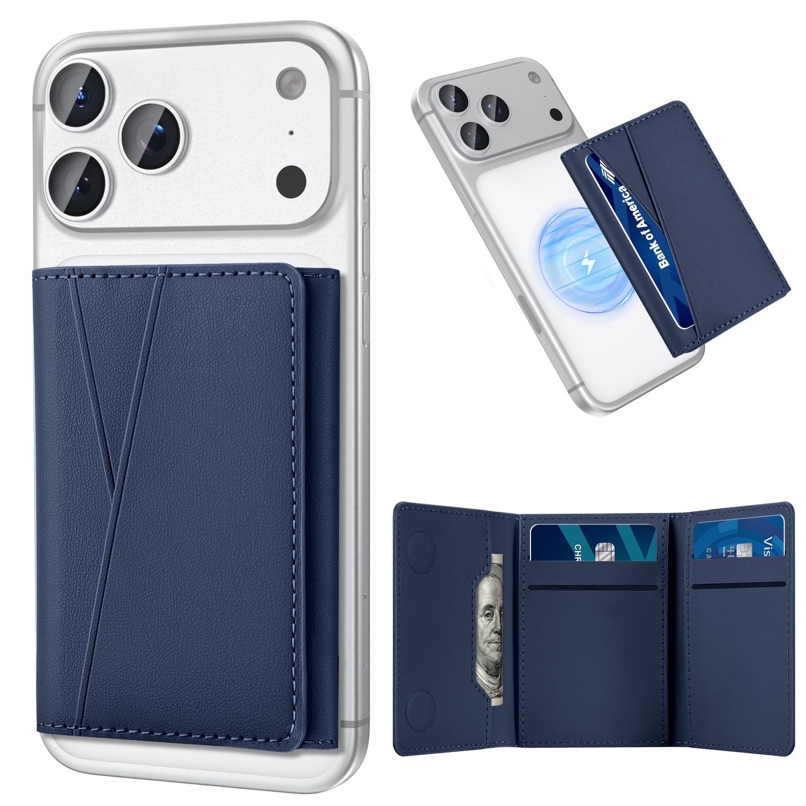 TopMade for MagSafe Wallet, Strongest Magnetic Card Holder for iPhone 16/15/14/13/12 Series, Minimalist Leather Slim Men's Trifold Wallet, 9 Cards Holder, RFID Blocking, Navy Blue-image-16