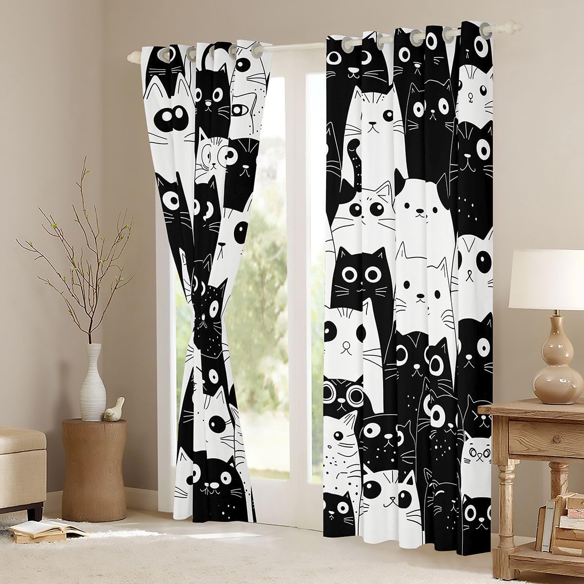 Feelyou Funny Black Cat Blackout Curtains Cats Print Darkening Drapes for Bedroom Living Room Decor Cute Kitten Thermal Insulated Shades Window Treatments, 2 Panels 38 x 45 Inch image 3