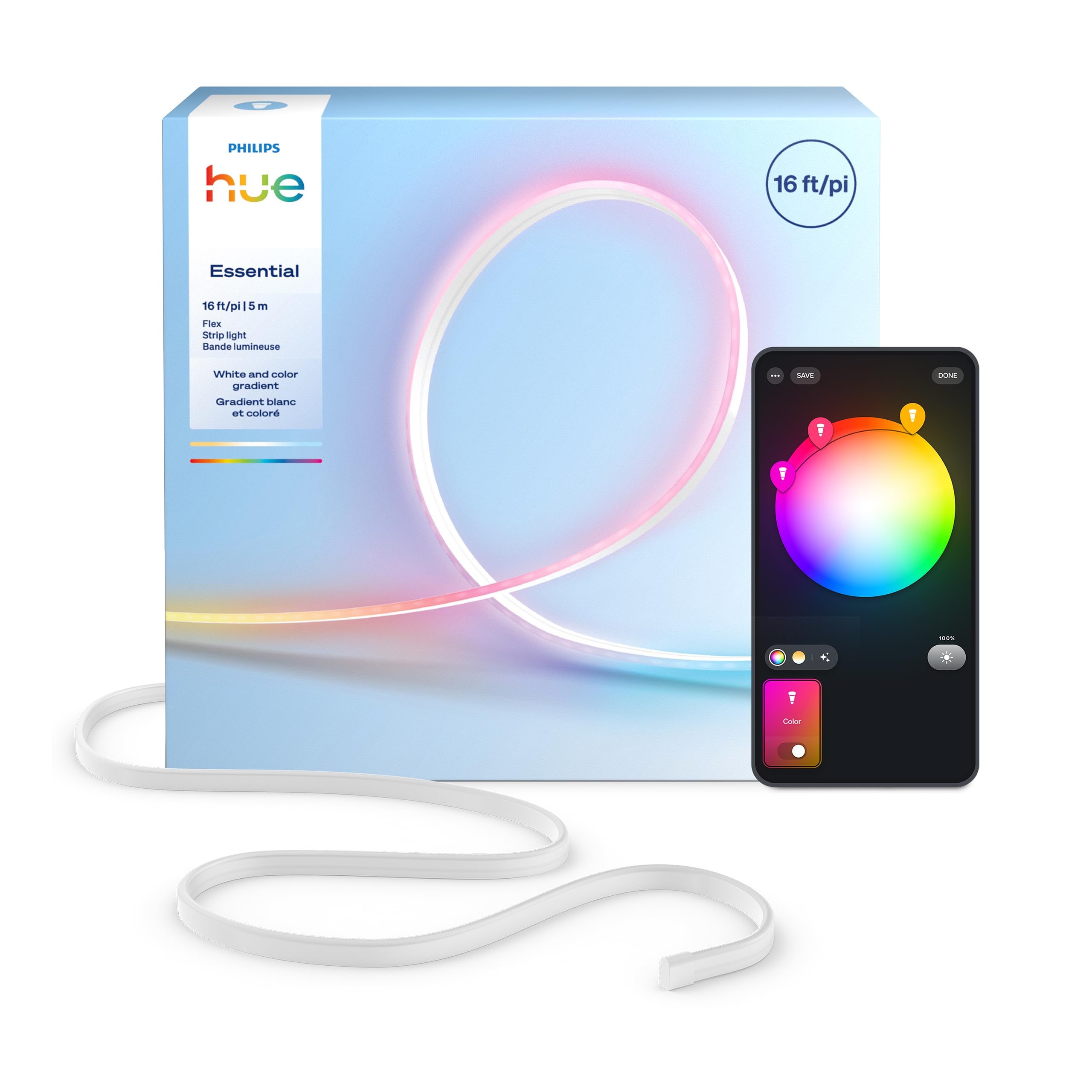 Photo 1 of Hue Essential 16-Feet LED Flex Strip Light, RGBIC, Vibrant Color and Ambiance, Flexible Indoor Lighting, Easy Installation, App and Voice Control, Works with Alexa, Google Assistant, and Apple Home