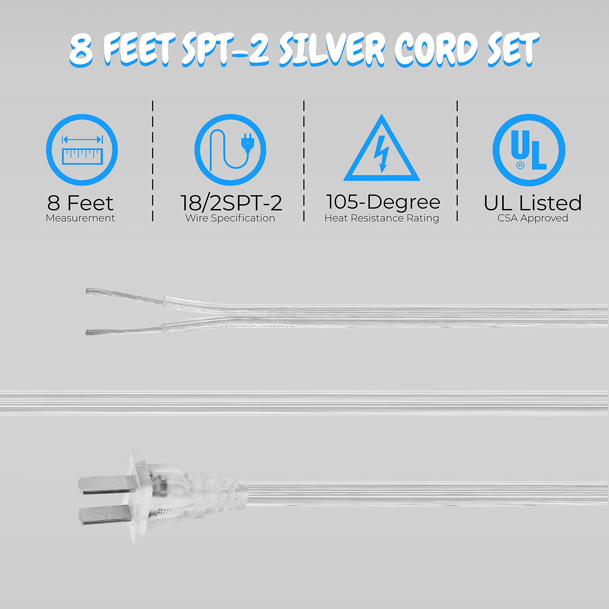 OhLectric Lighting OL-39254 - Juego de cables de luz plateados, extensión de cable de luz de dos puntas, 18-2 SPT, 2 extremos de cable de tira divididos, acabado plateado decorativo, cables