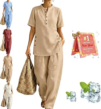 Cozy Casual Button Shirt And Wide-leg Pants Linen Two-piece Set, Breathable Cotton Blend Outfits for Women