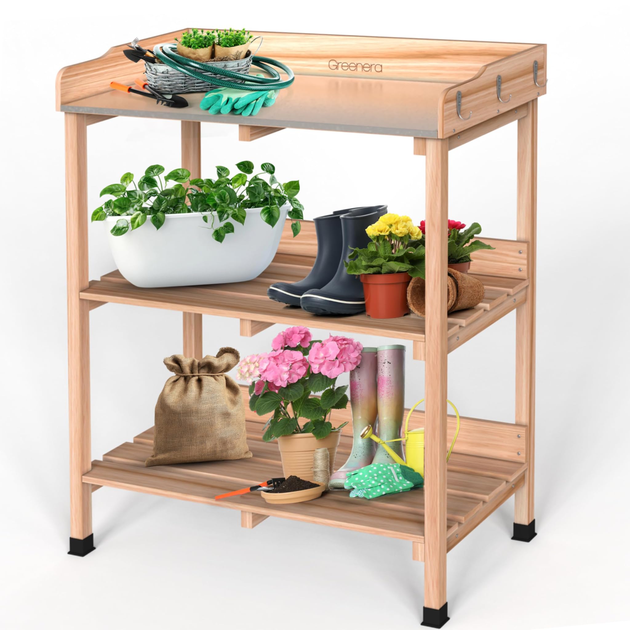 3 Tier Garden Potting Table, Wooden Potting Bench with 6 Hooks and Shelves, Garden Table Garden Work Station Outdoor Potting Table for Patios,Courtyards, Garden, 91.5cm x 75cm x 36.5cm