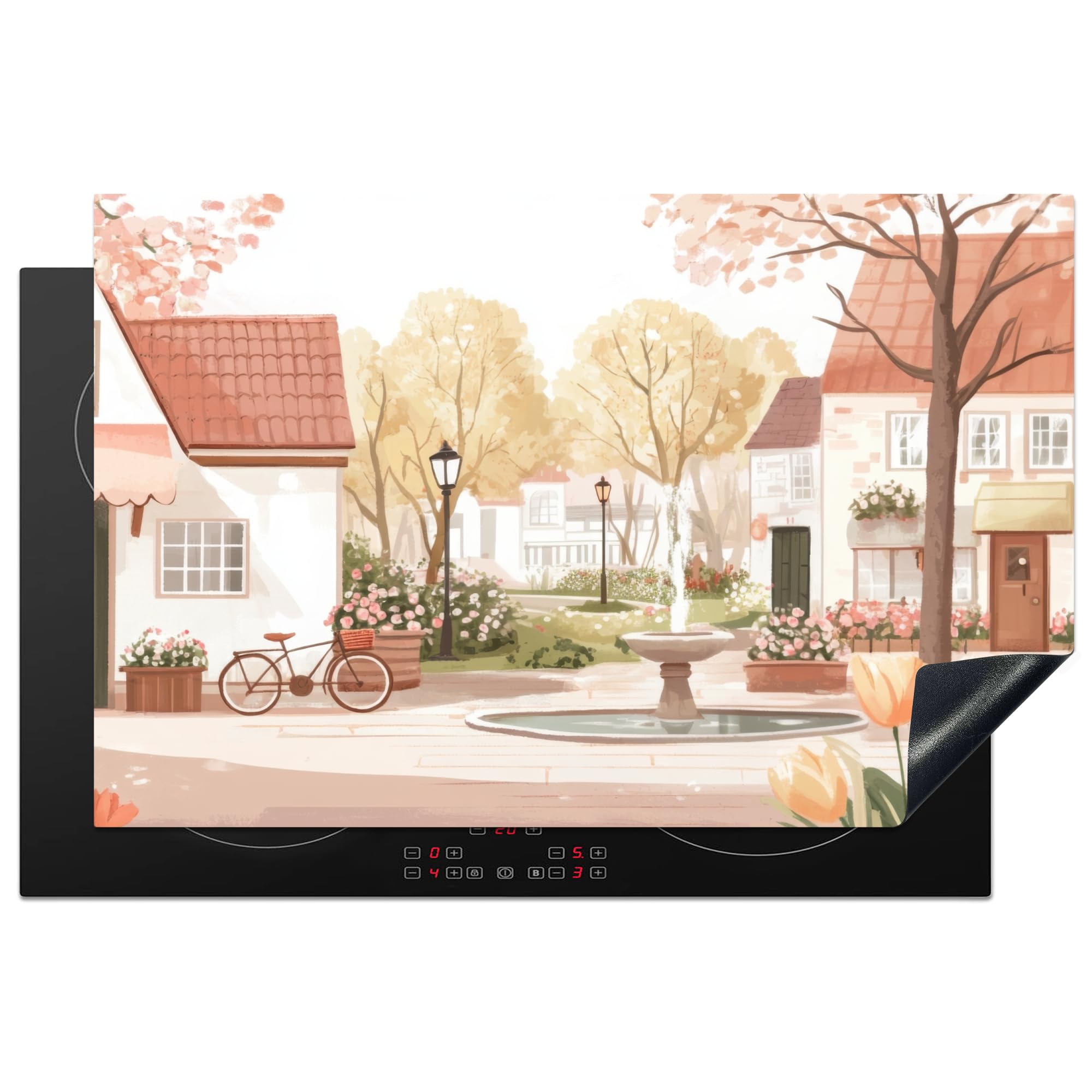 KitchenYeah© Induction Hob Protector Mat 20.5"x31.5" / 80x52 cm Cooker Top Protectors Cover Ceramic Covers Electric Hobs Vinyl Village Square - Fountain - Tulips