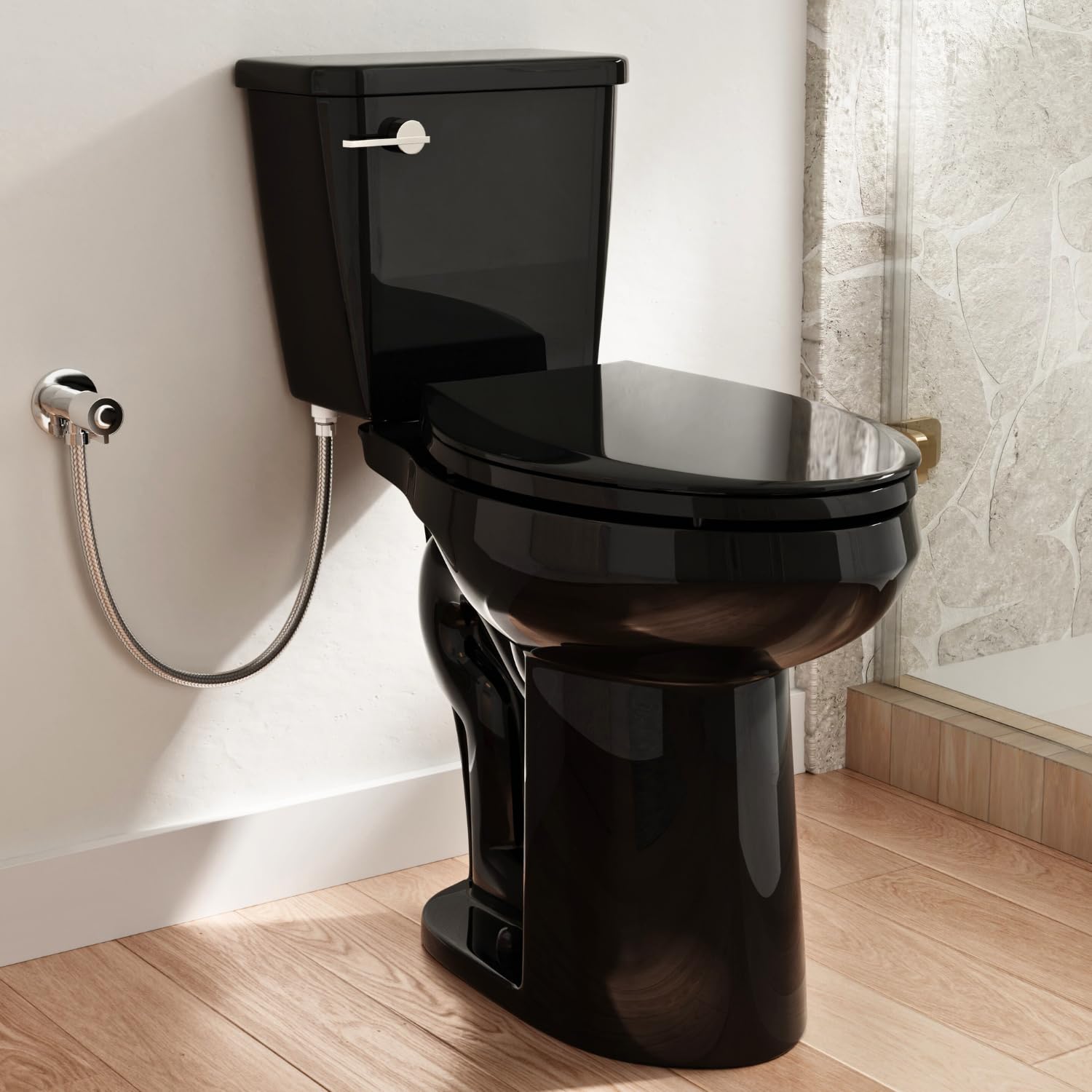 21 Inch High Black Toilet, Los Flexi Comfort 21" Extra Tall Toilets For Seniors, Elongated Bowl, Two-Piece Glossy Black Design, 1.28 GPF Single Flush, Soft-Closing Seat, 12-Inch Rough-In