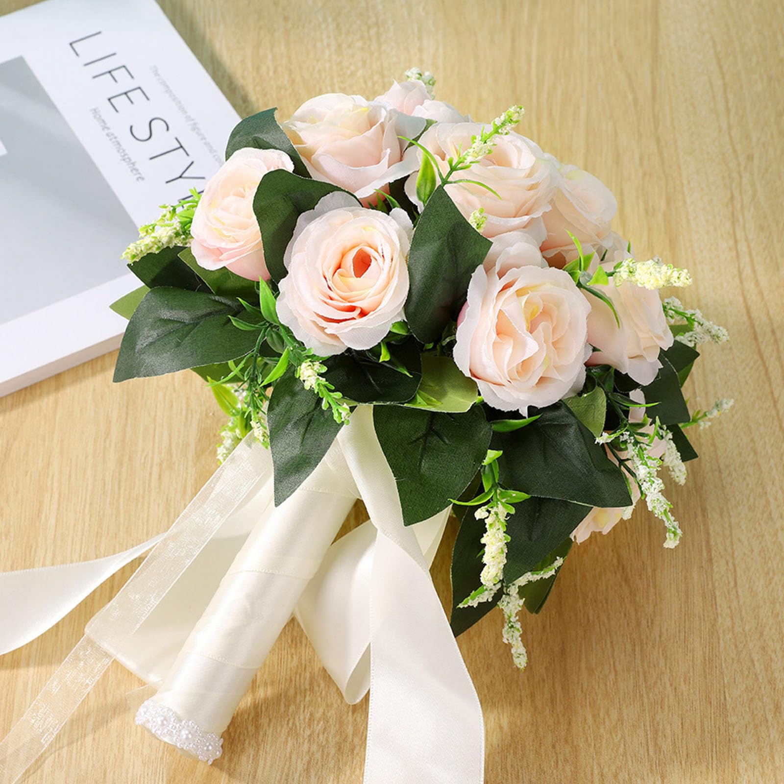Bouquet Da Sposa Fiori Di Seta: Elegante Bouquet Da Sposa Artificiale Champagne Da 25 Cm, Rosa Cipria Avorio Stile Sposa Boho Feste Quinceaneras Da 29,64 € | DHgate