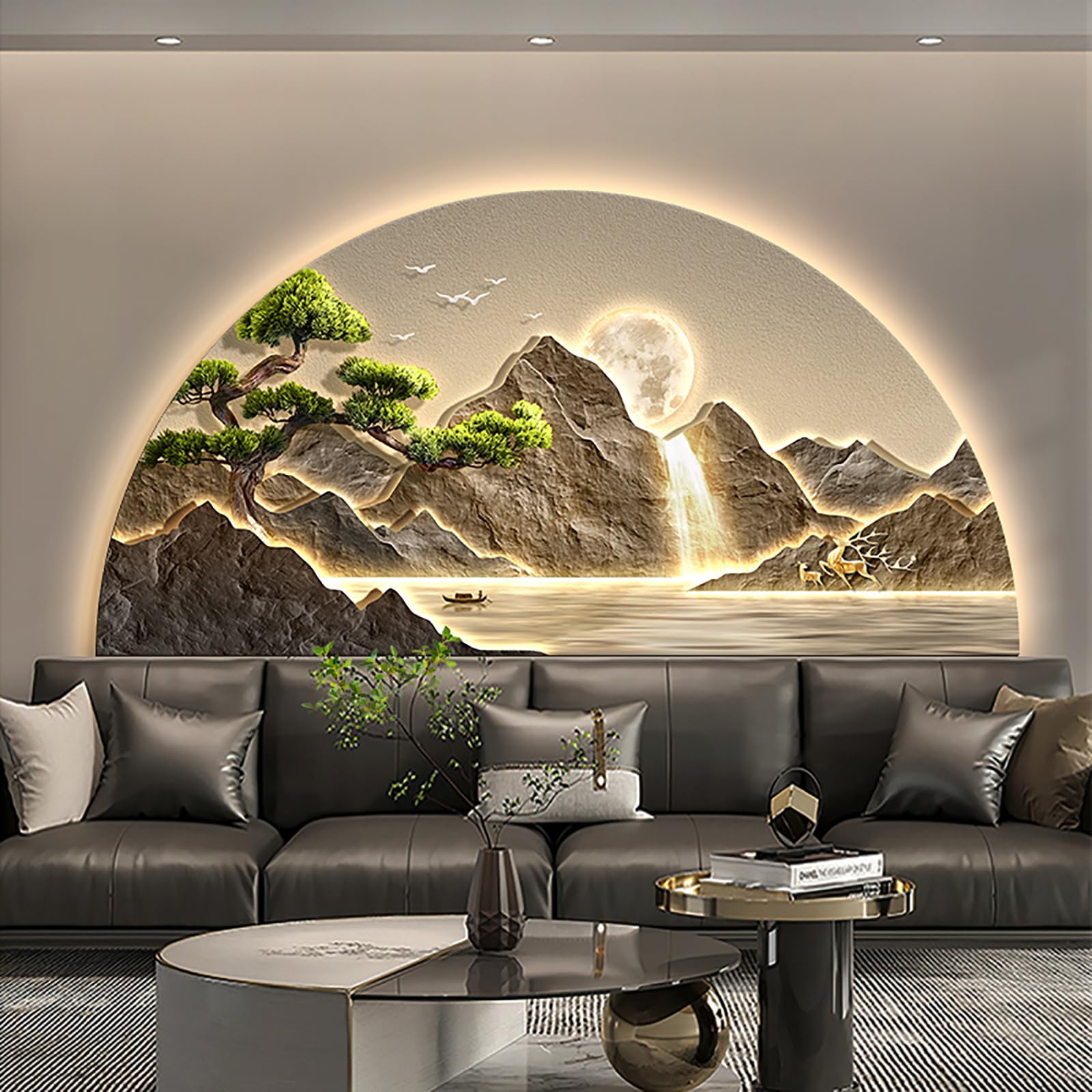 Semi-Circular Led 3D Landscape Wall Art Decor,Mountains and Water Wall Sculptures Painting,Modern 3D Relief Wall Decor for Home Entrance Hallway Bedroom(55.1" W x 27.5" H, A)