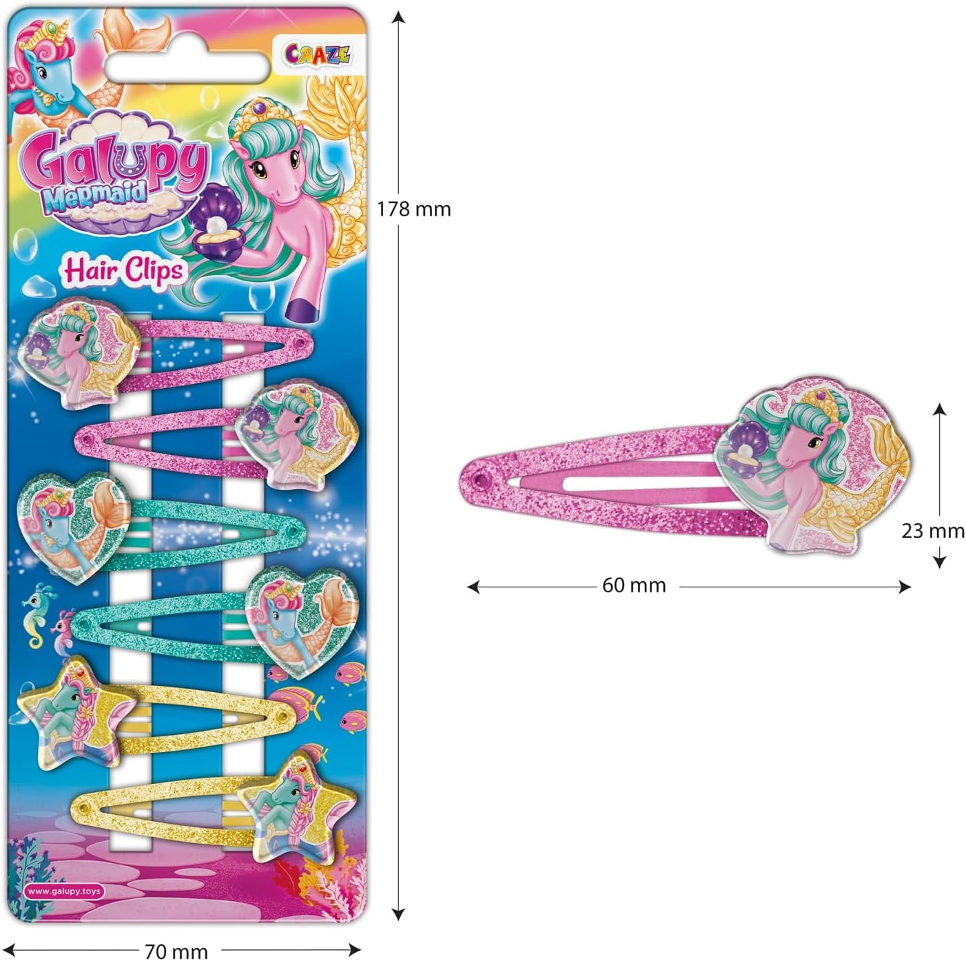 CRAZE - Galupy Mermaid Hair Clip, 6 spinek do włosów dla dziewczynek z jednorożcem, 3 różne wzory (po 2 sztuki)