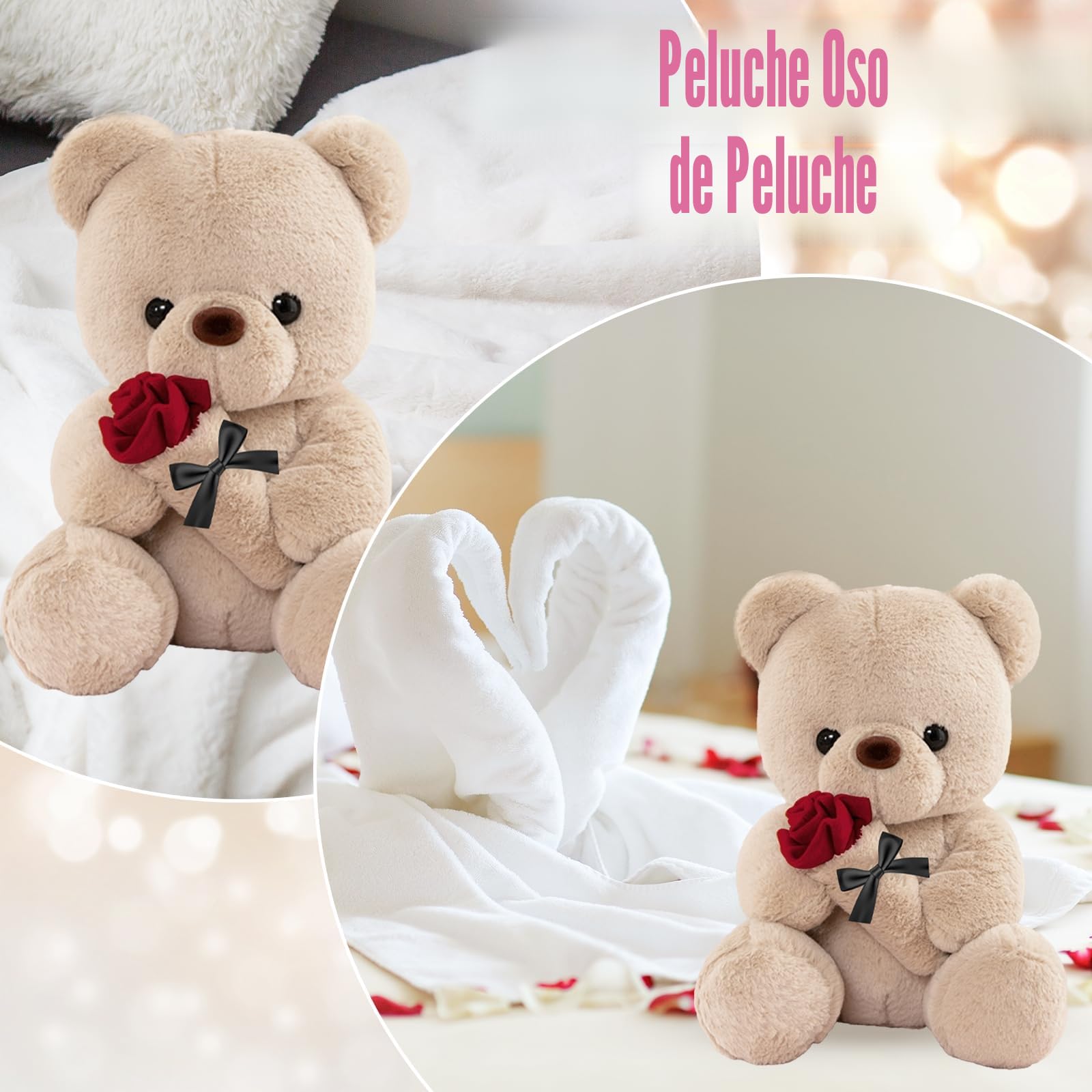 Oso de Peluche con Rosa, Regalos Originales para Mujer, 25cm Oso de Peluche Osito Peluche Tierno Juguete de Peluche con Marrón Regalo Sant Jordi Aniversario Cumpleaños Boda para Mujer Amiga