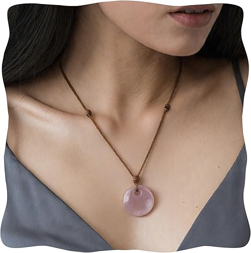 Rose Quartz Necklace, Lucky Circle Rose Quartz Pendant Necklace with Adjustable 