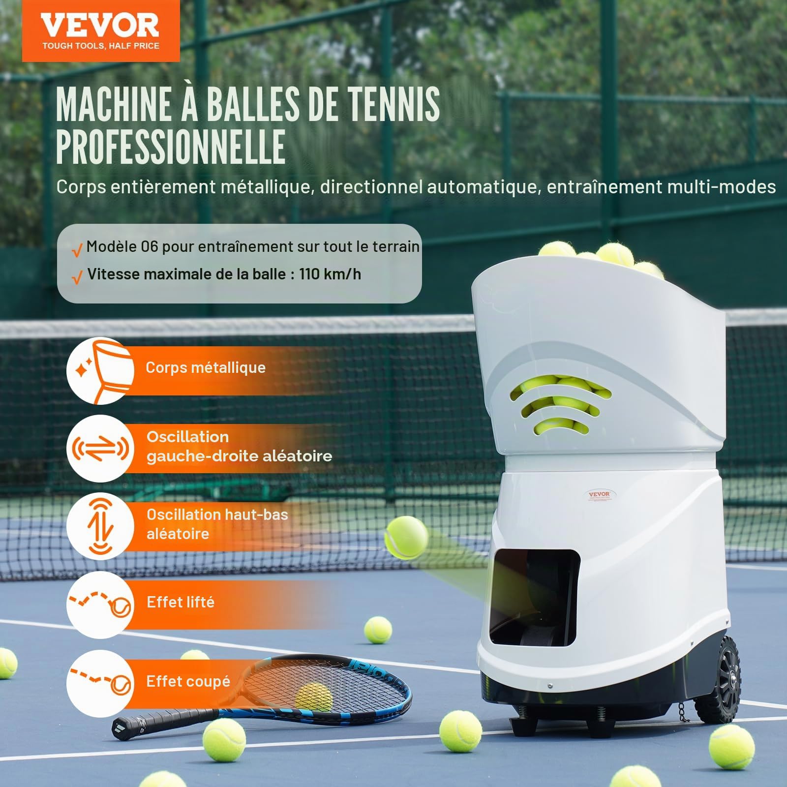 VEVOR Machine à balles de Tennis, 150 balles, Lanceur Automatique de balles de Tennis Portable, perceuses multimodes à 5 Moteurs, 2 Heures de Jeu, Batterie Rechargeable, télécommande Via Application
