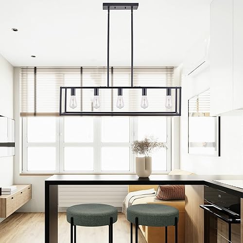 Miniatura 2 de Lámparas de cocina para comedor, lámparas rectangulares de granja para comedores, lámpara colgante industrial de 5 luces color negro mate